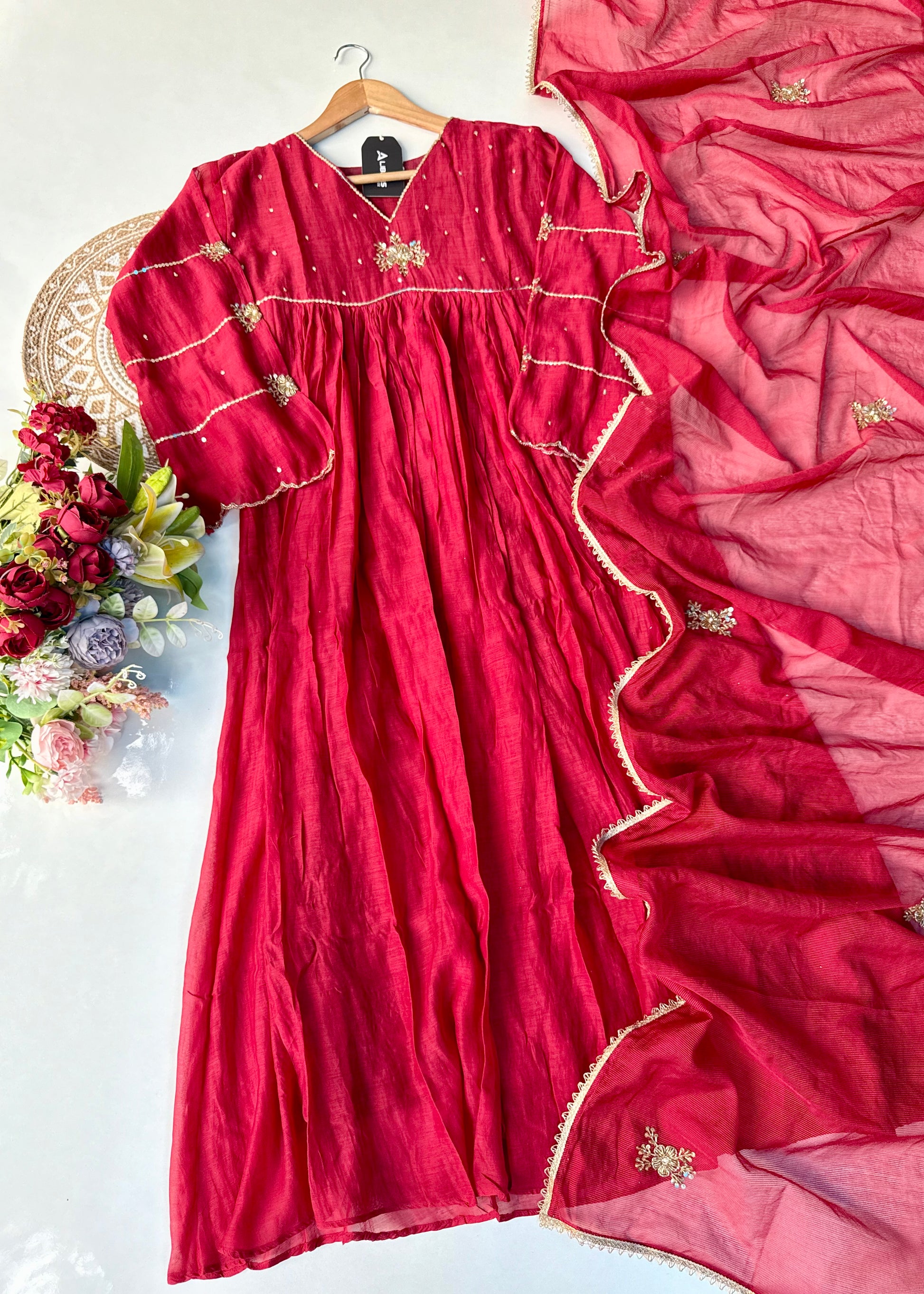 “Anya” Beautiful Red Mul Chanderi Anarkali Kurta Set