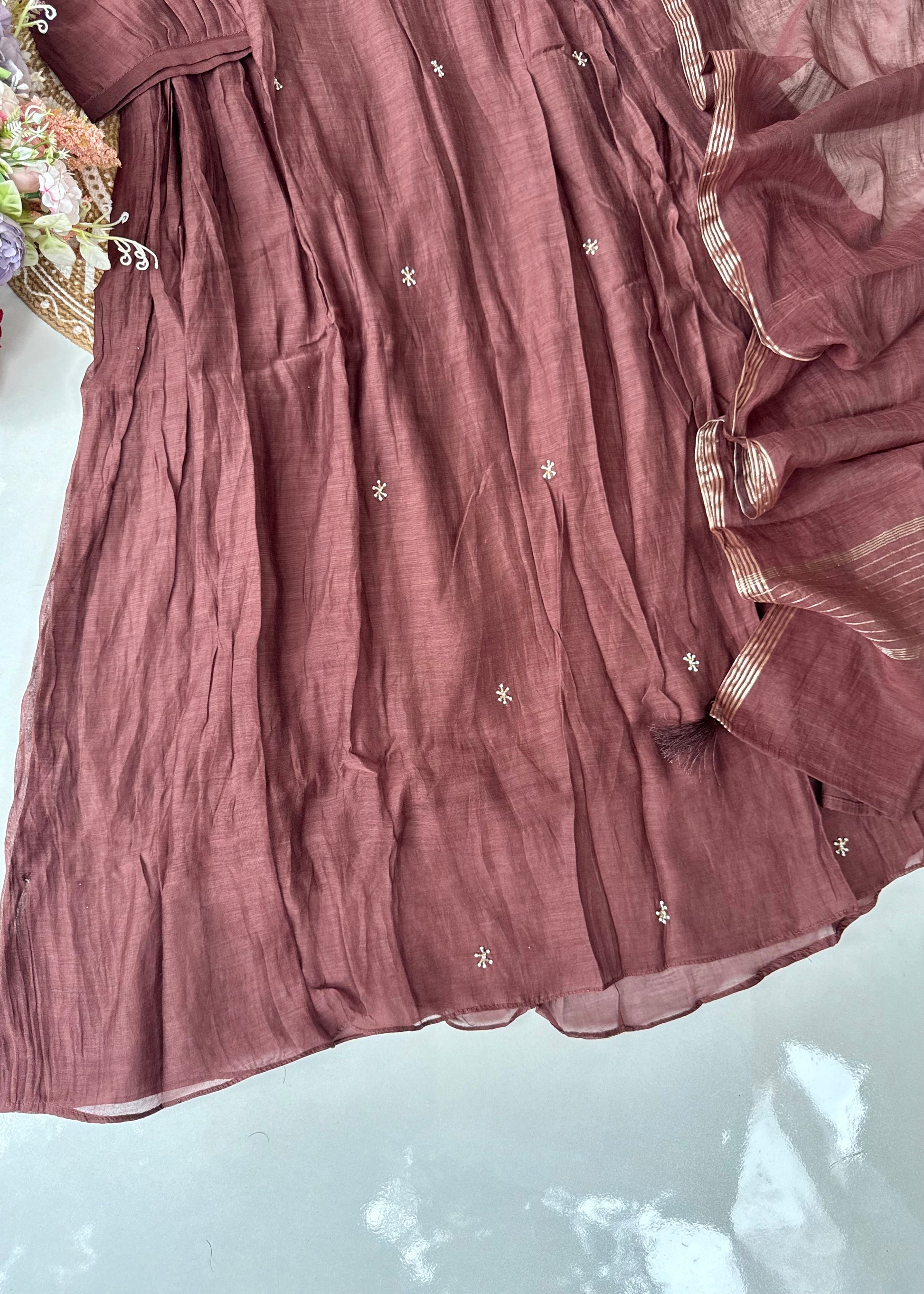 “Zayna” Premium Rich Brown Mul Chanderi anarkali kurta set