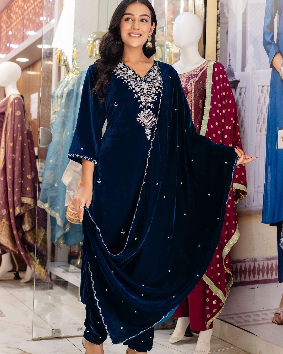 “Kiara” Peacock blue heavy velvet suit set