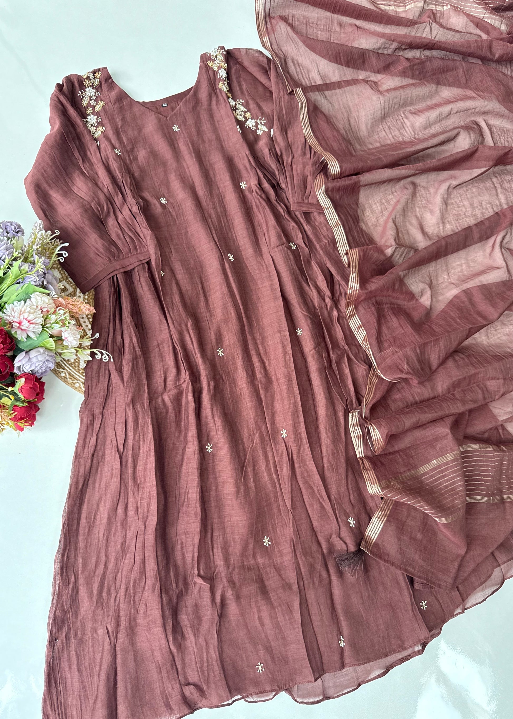 “Zayna” Premium Rich Brown Mul Chanderi anarkali kurta set