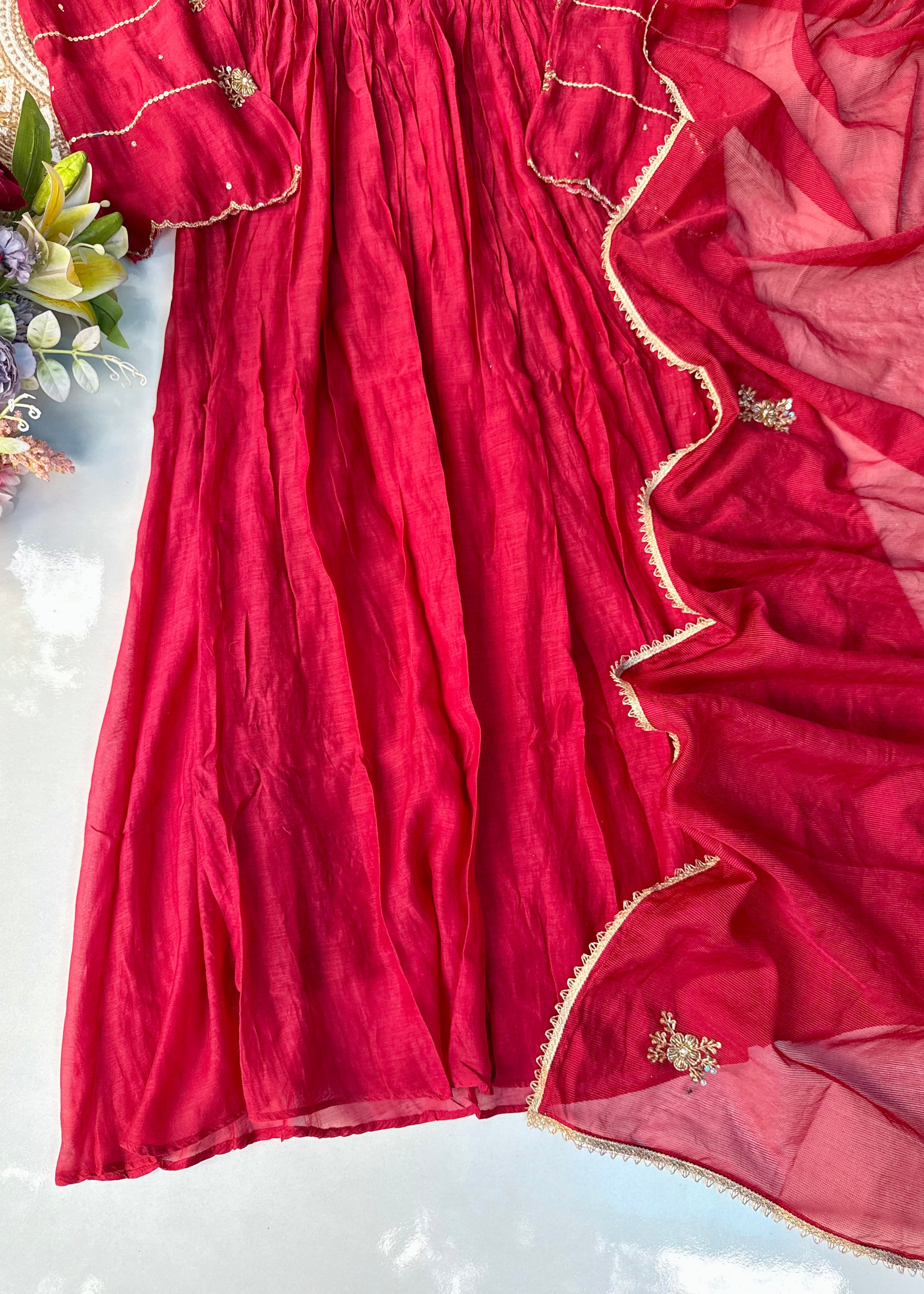 “Anya” Beautiful Red Mul Chanderi Anarkali Kurta Set