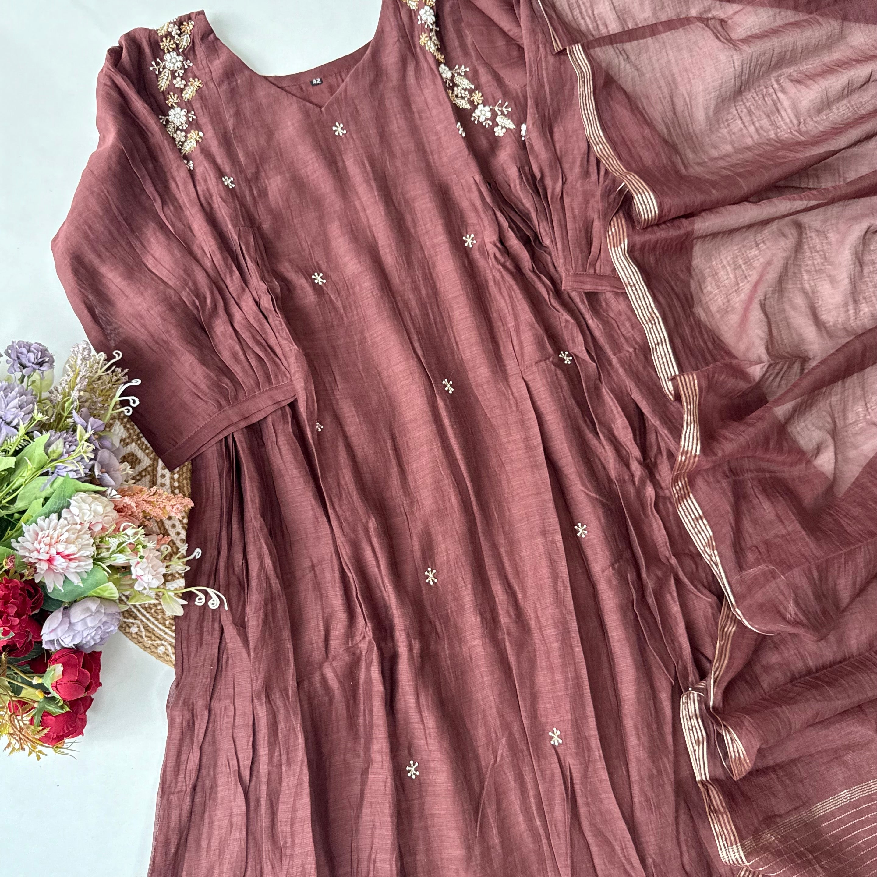 “Zayna” Premium Rich Brown Mul Chanderi anarkali kurta set