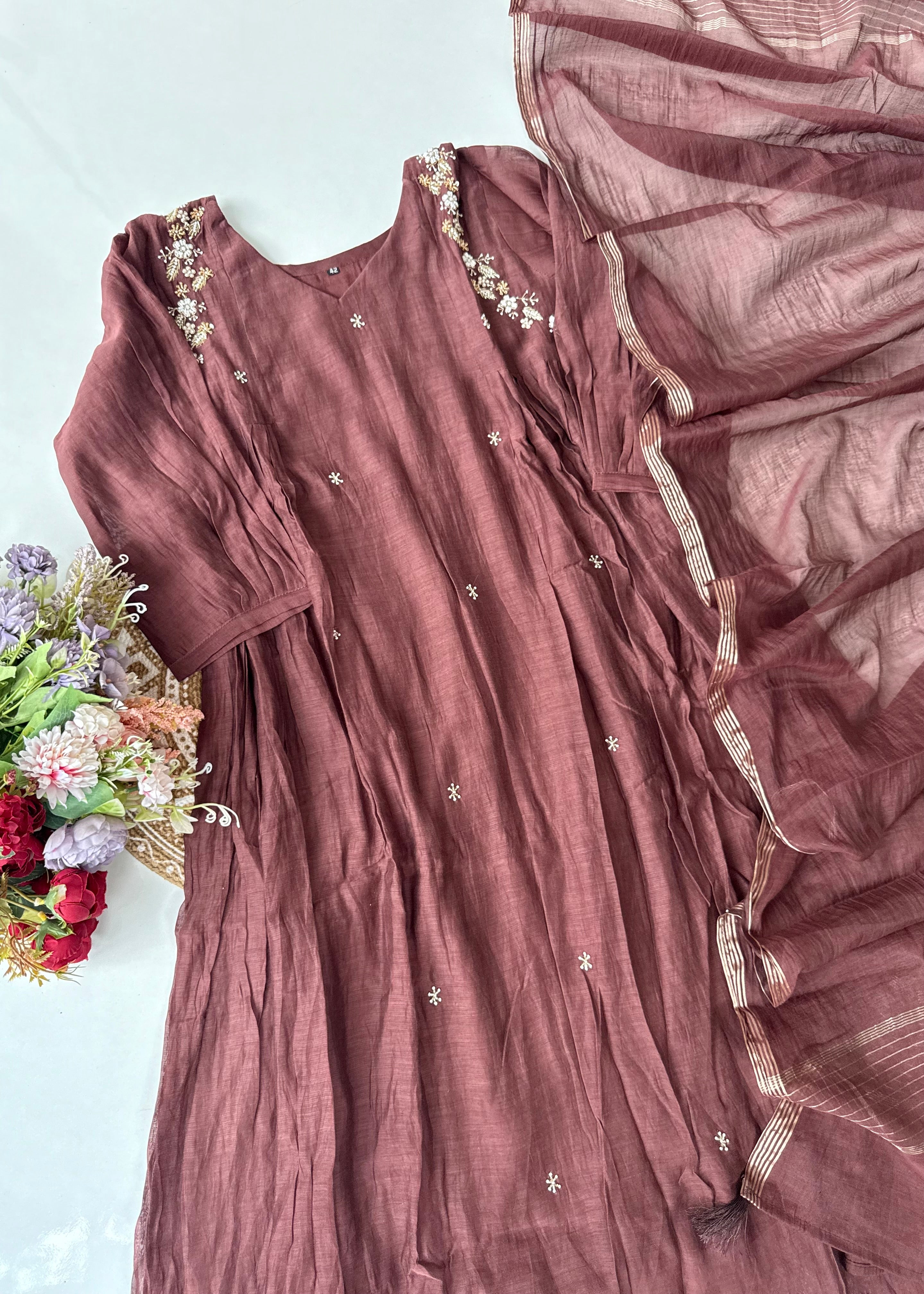 “Zayna” Premium Rich Brown Mul Chanderi anarkali kurta set