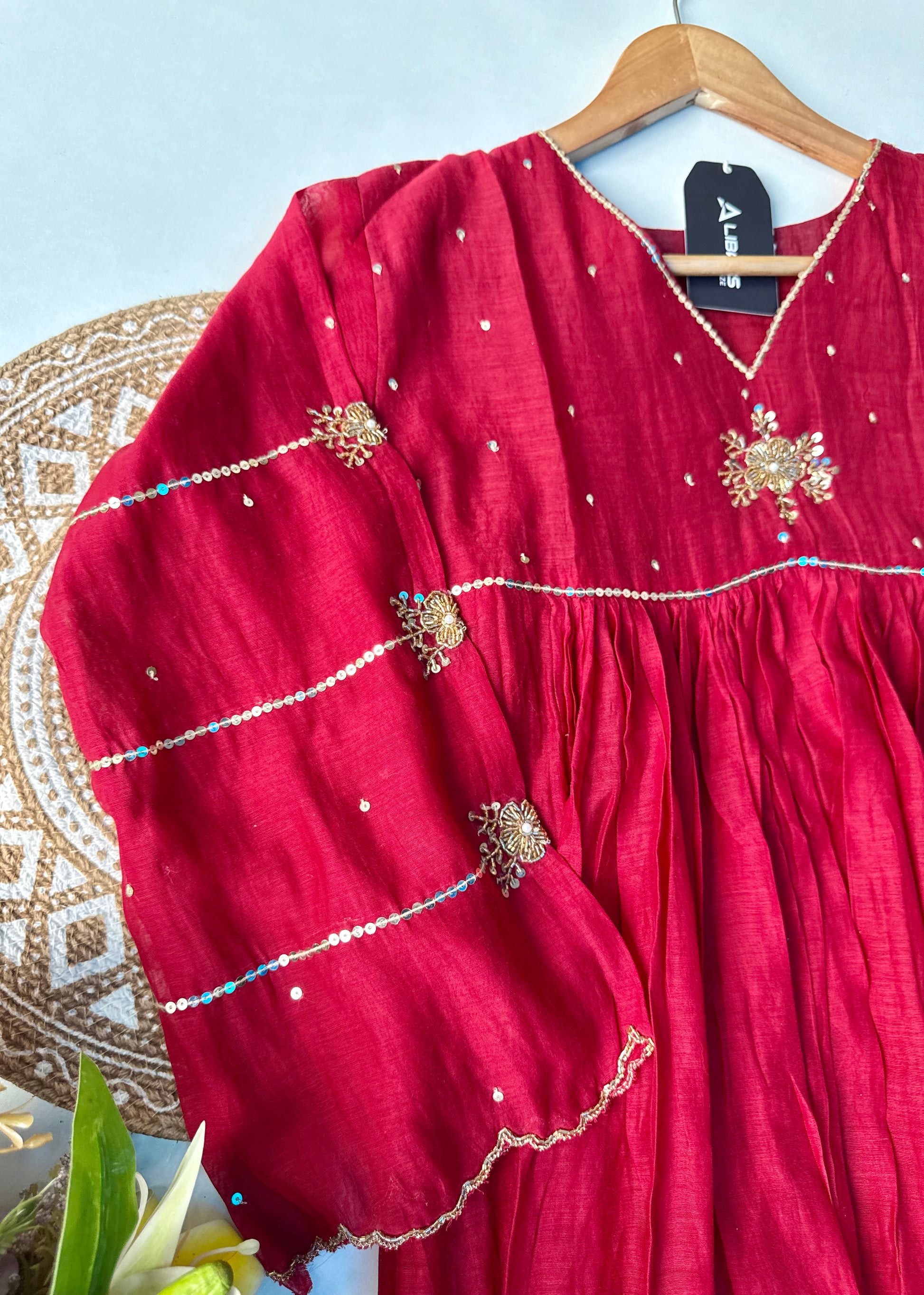 “Anya” Beautiful Red Mul Chanderi Anarkali Kurta Set