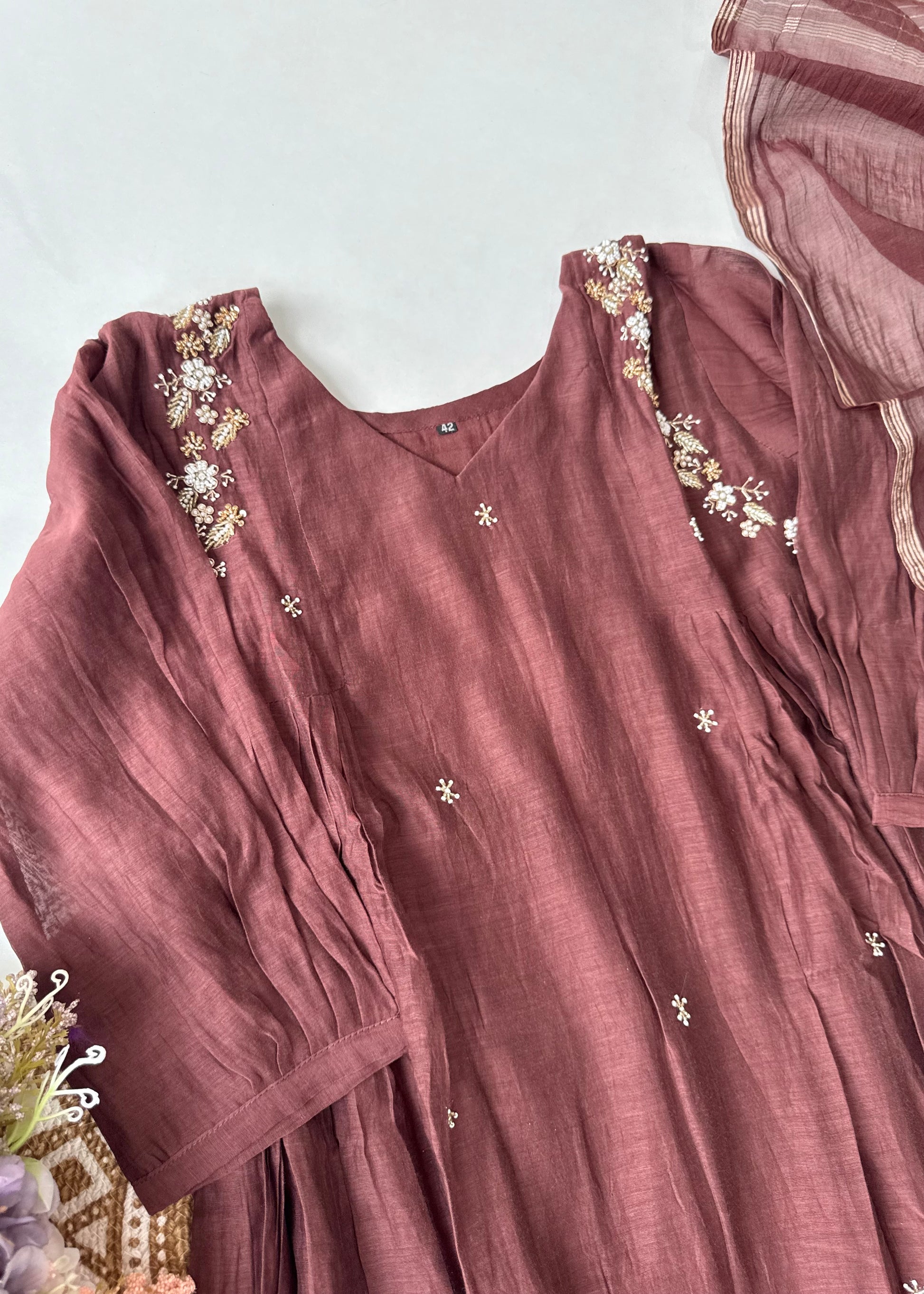 “Zayna” Premium Rich Brown Mul Chanderi anarkali kurta set