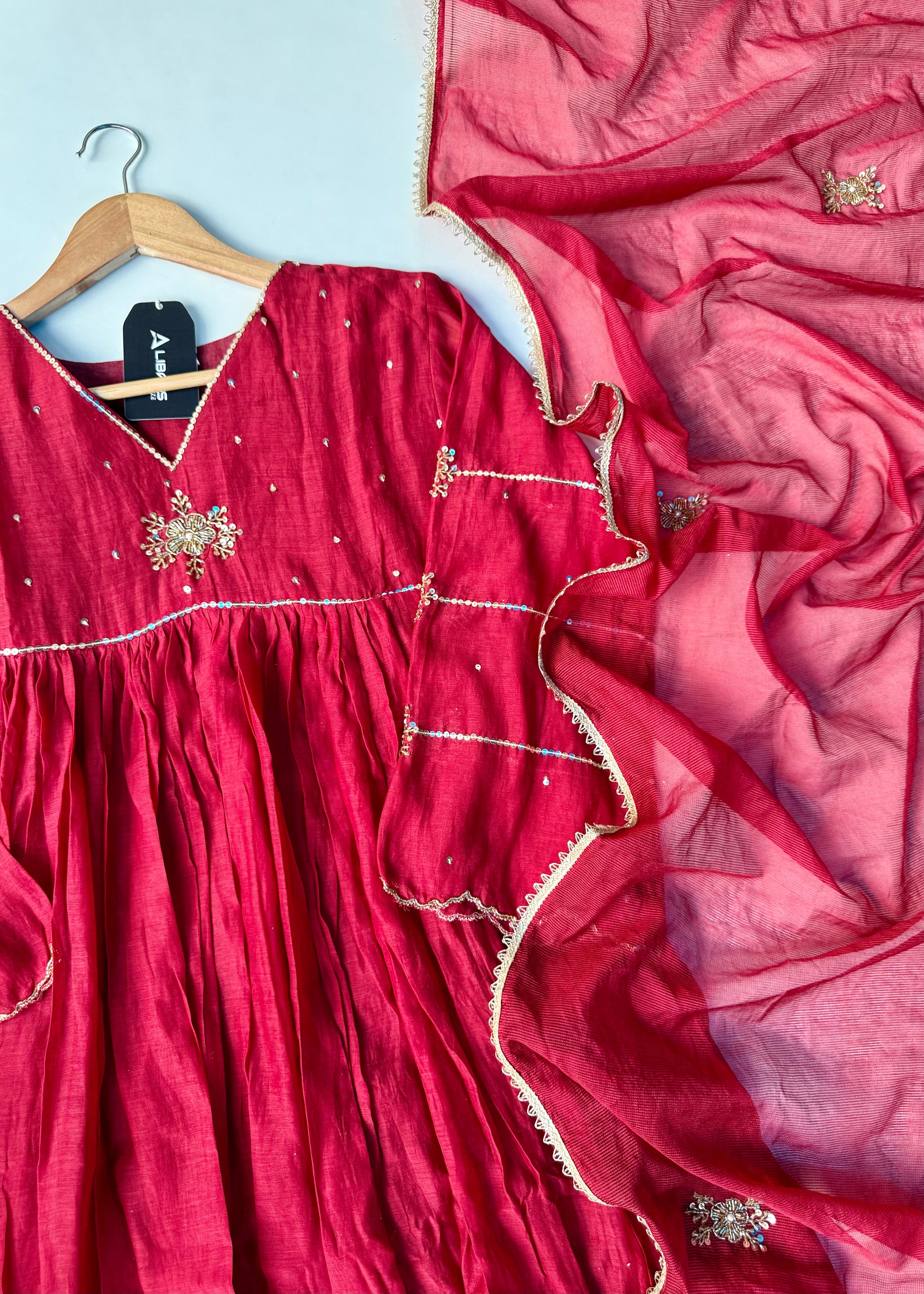 “Anya” Beautiful Red Mul Chanderi Anarkali Kurta Set