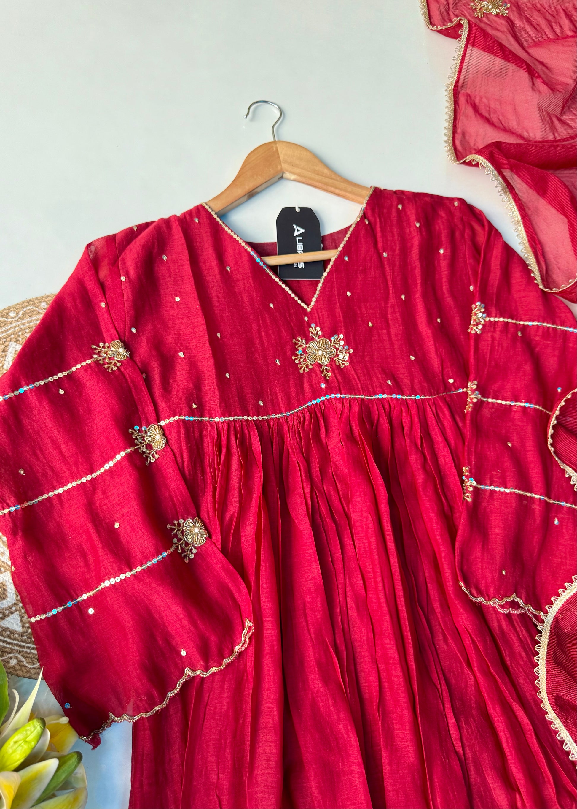 “Anya” Beautiful Red Mul Chanderi Anarkali Kurta Set