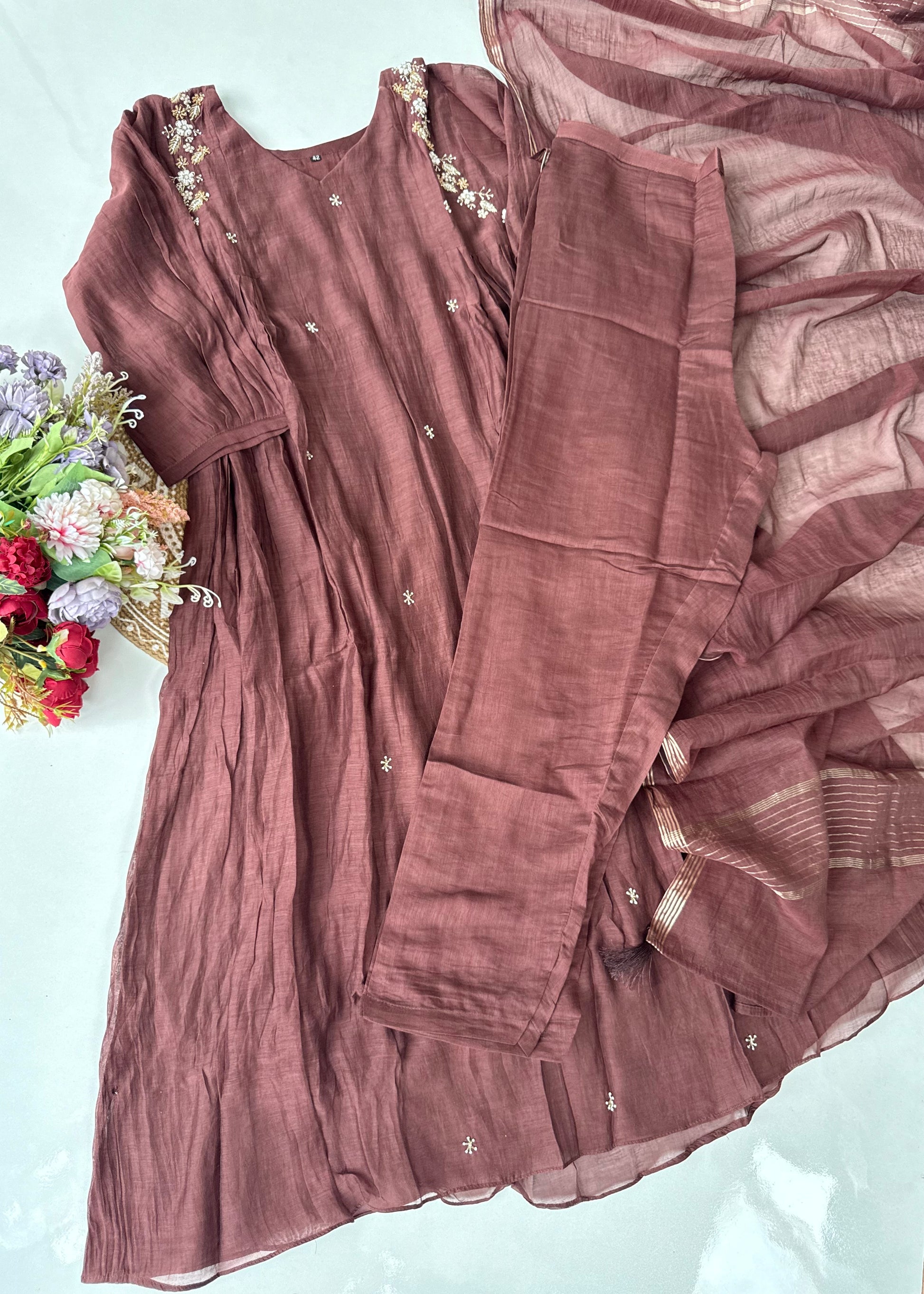 “Zayna” Premium Rich Brown Mul Chanderi anarkali kurta set