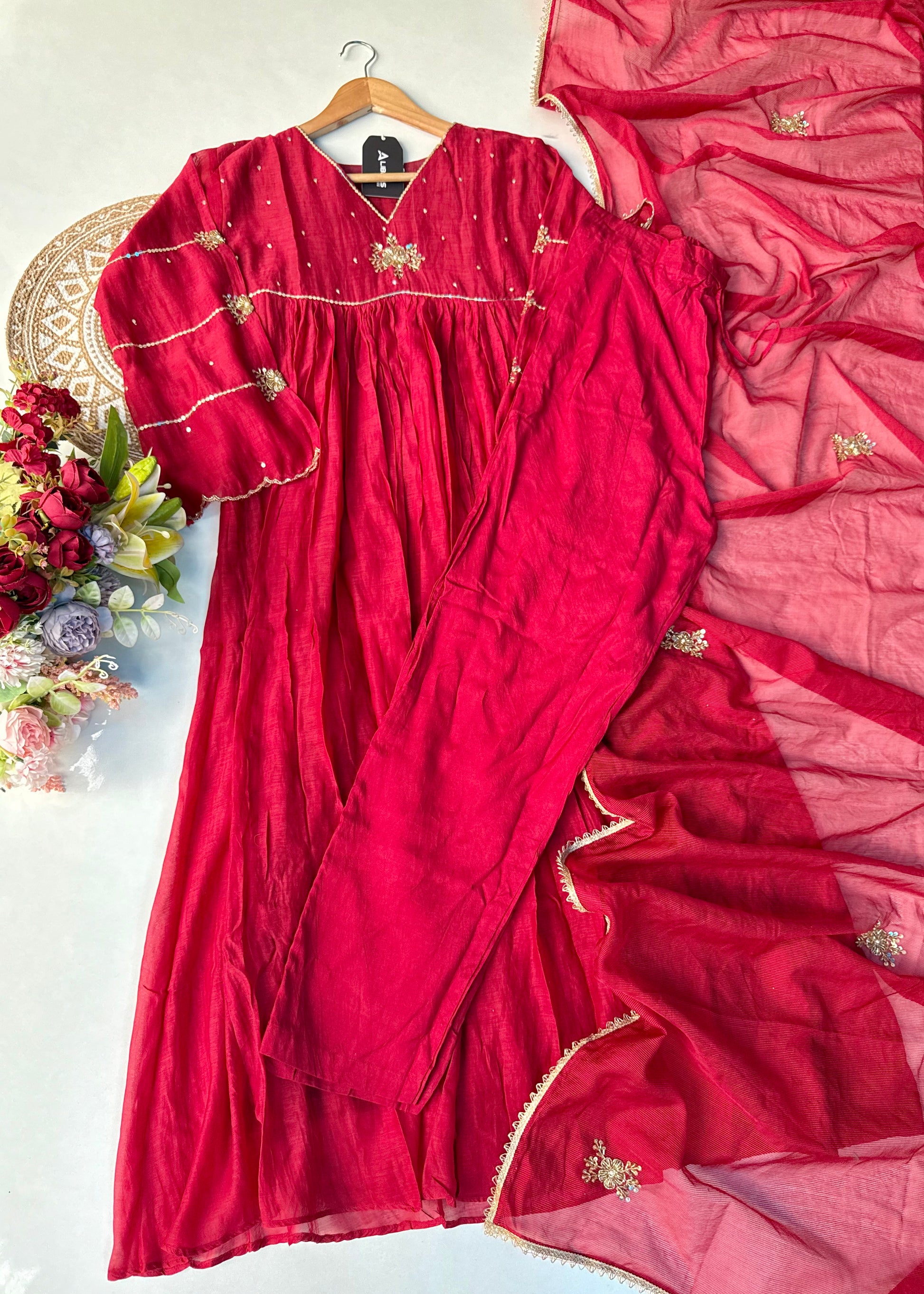 “Anya” Beautiful Red Mul Chanderi Anarkali Kurta Set