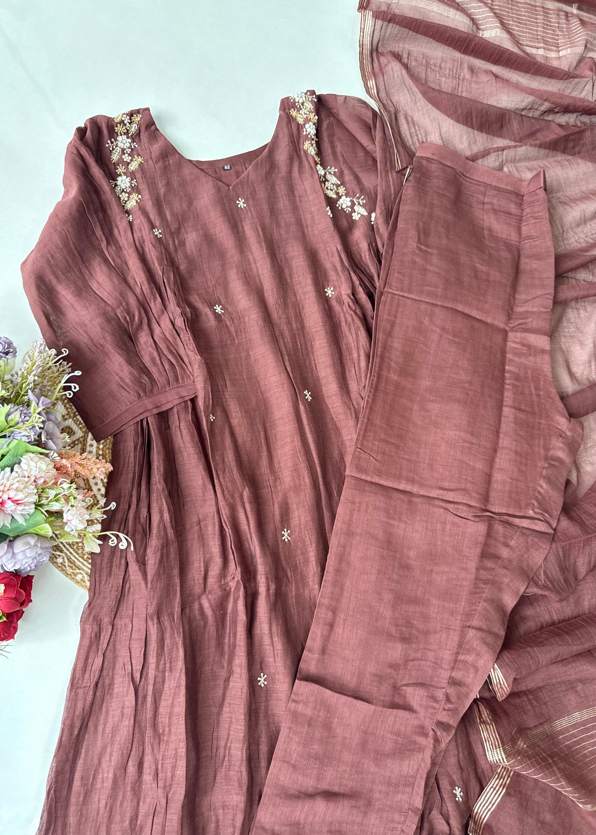 “Zayna” Premium Rich Brown Mul Chanderi anarkali kurta set