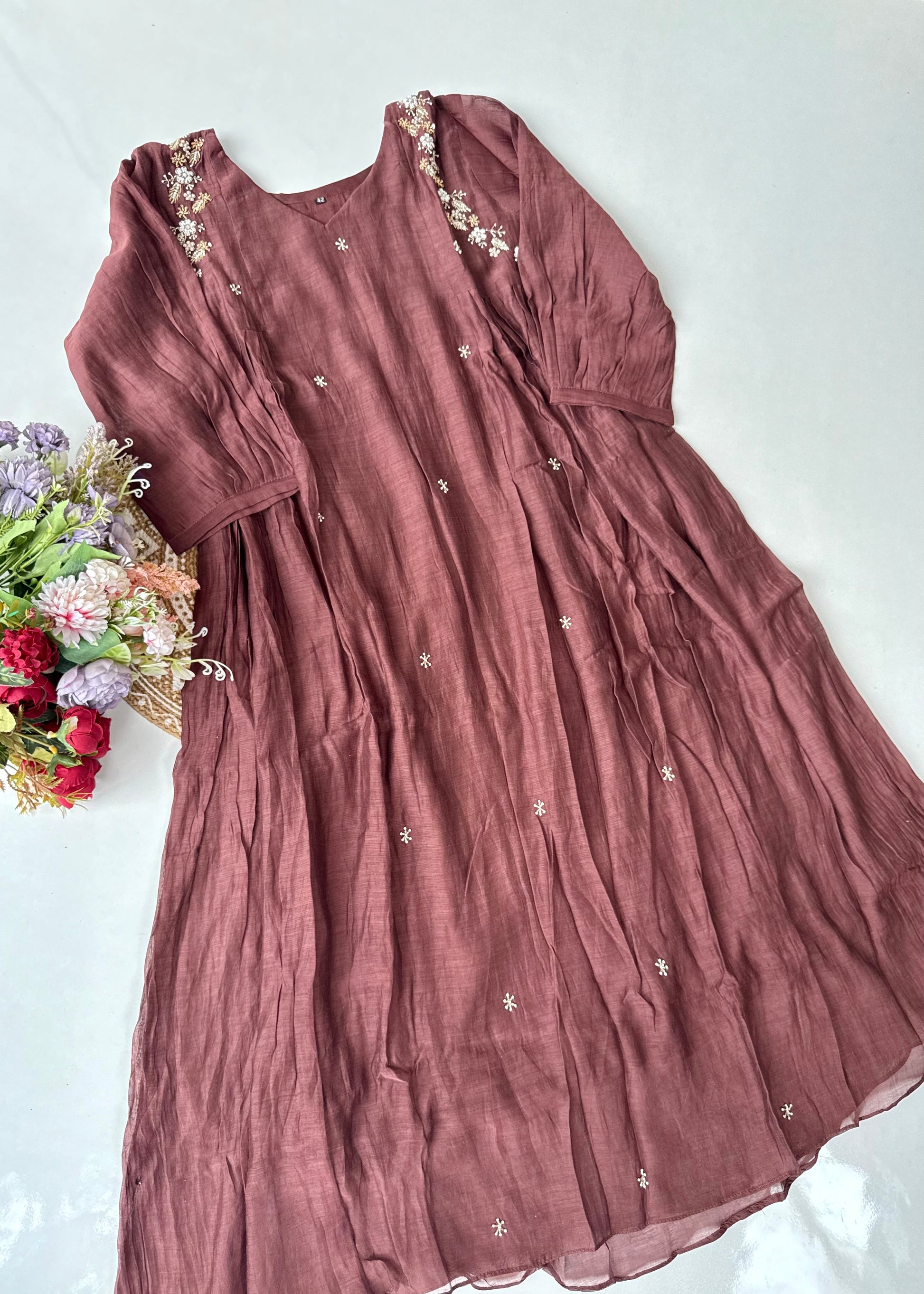 “Zayna” Premium Rich Brown Mul Chanderi anarkali kurta set