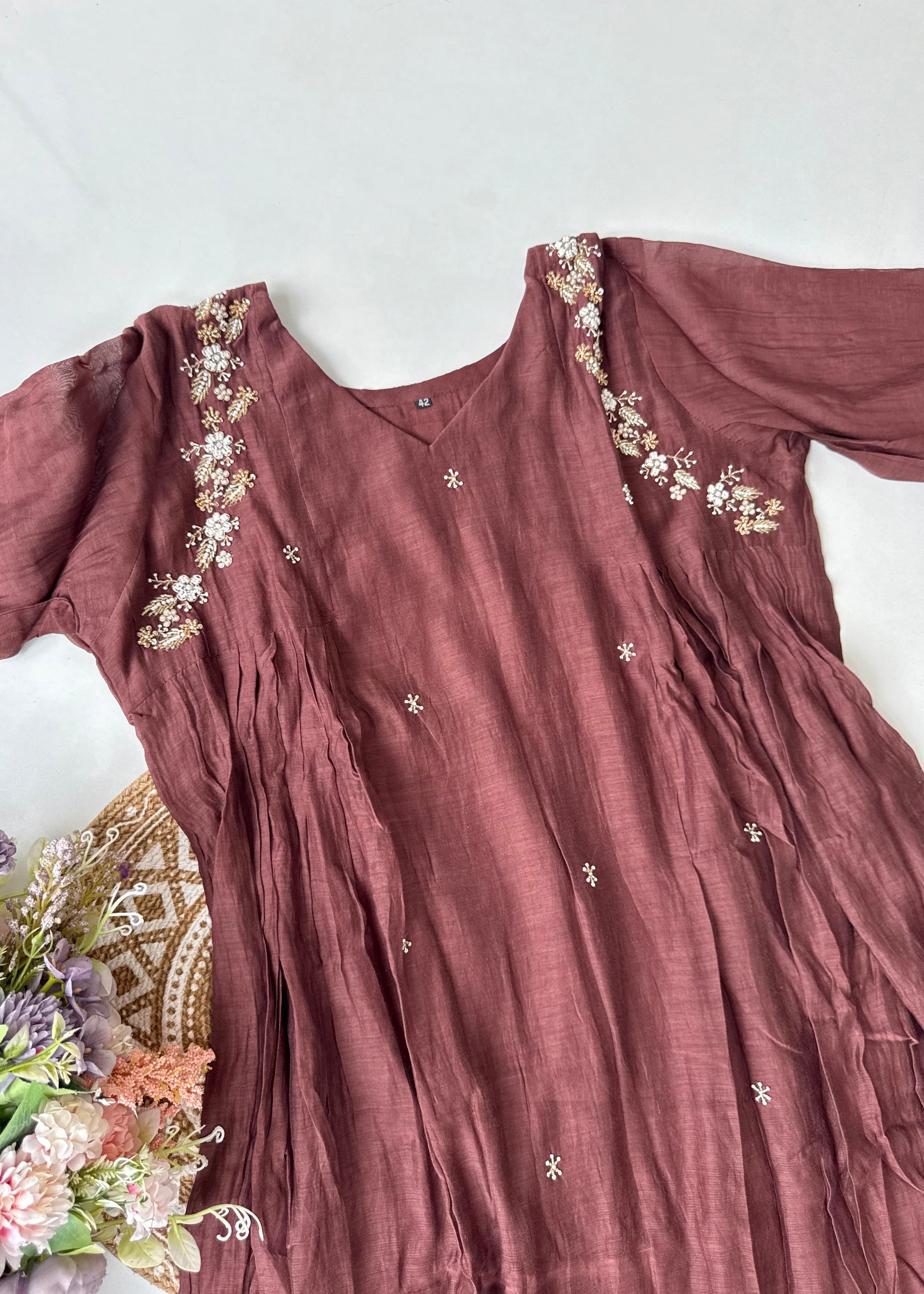 “Zayna” Premium Rich Brown Mul Chanderi anarkali kurta set