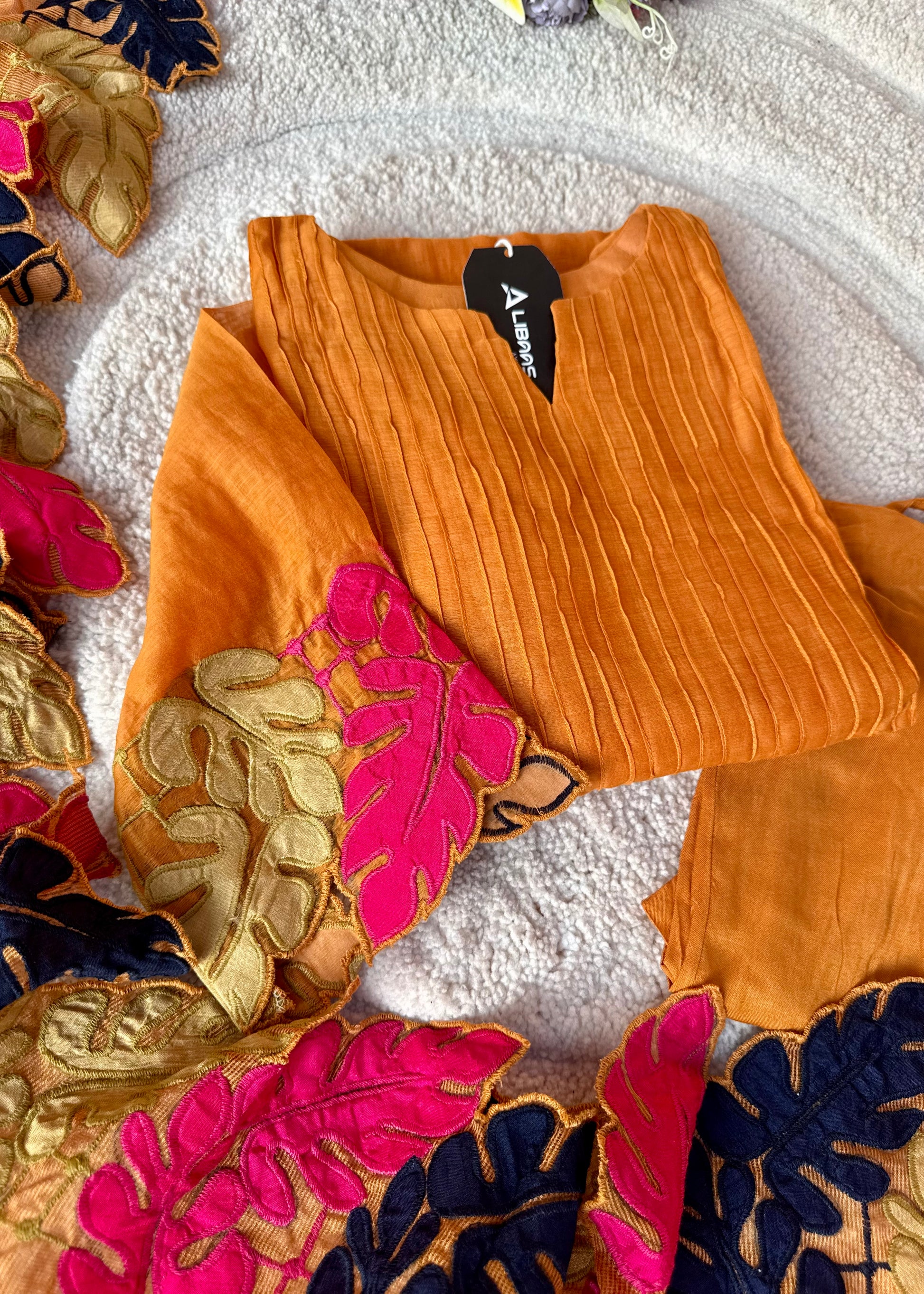 “Kashish” Golden Mustard Mul Chanderi Multicolor Leaf Applique A Line Suit 🛍️