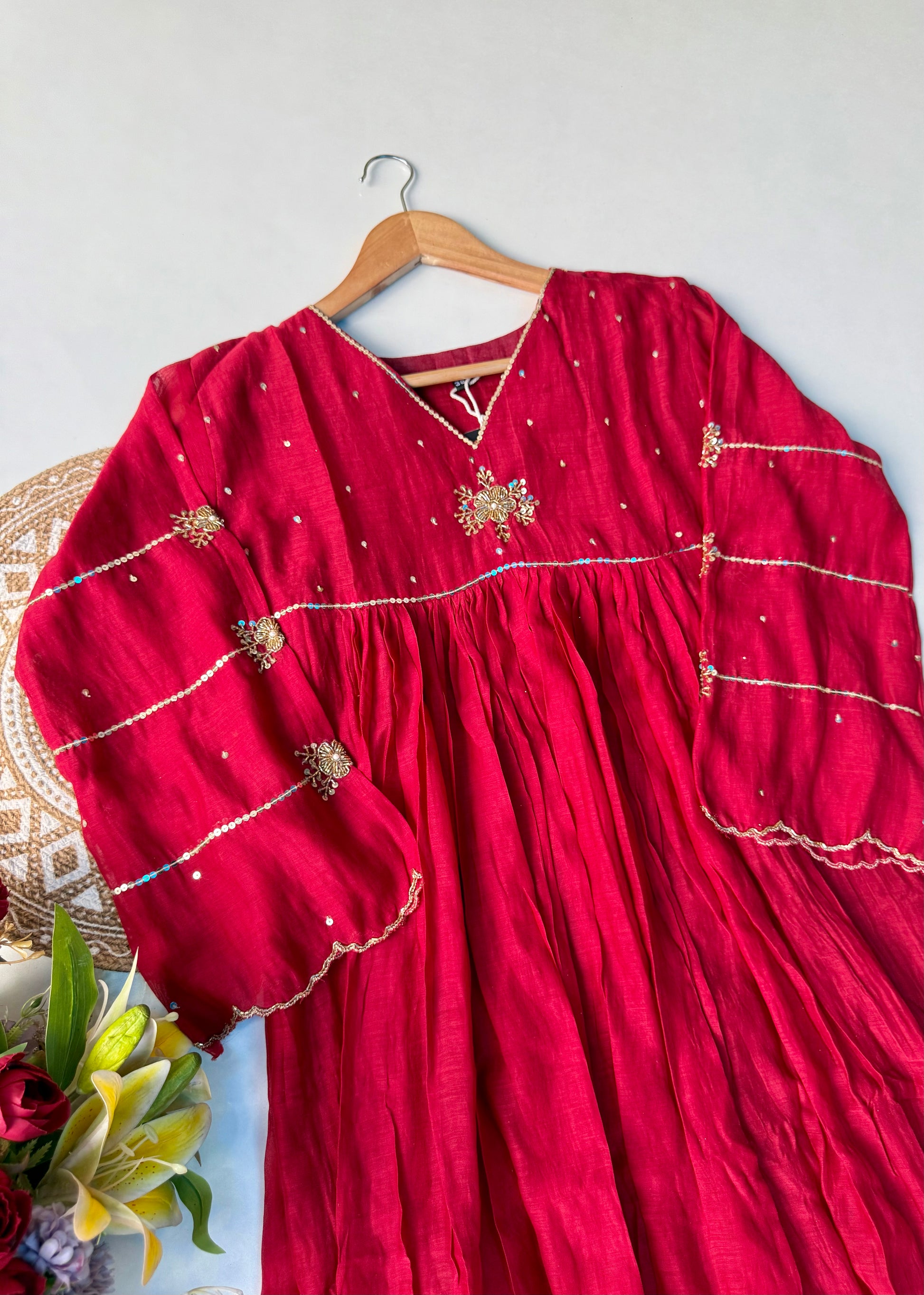 “Anya” Beautiful Red Mul Chanderi Anarkali Kurta Set