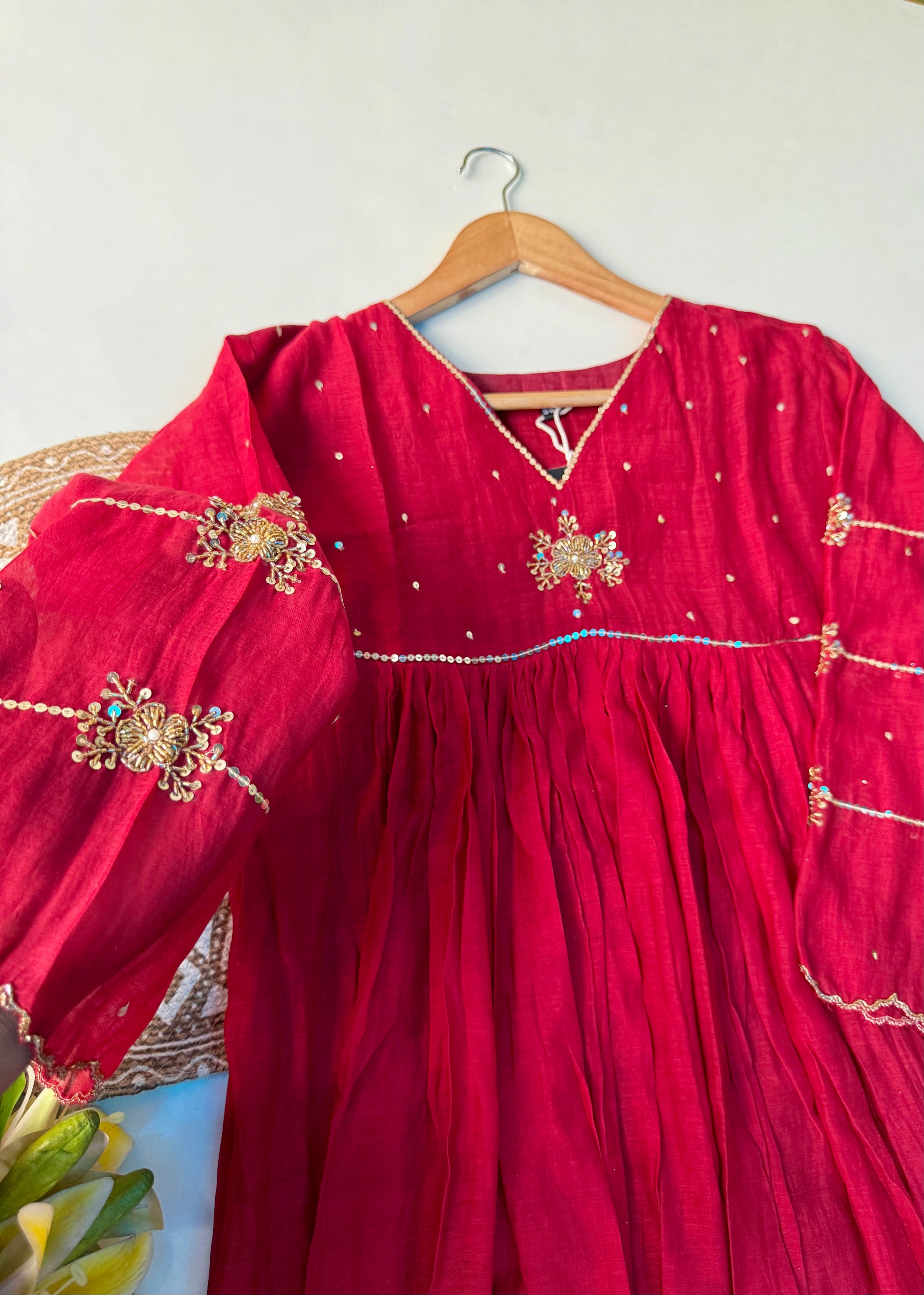 “Anya” Beautiful Red Mul Chanderi Anarkali Kurta Set