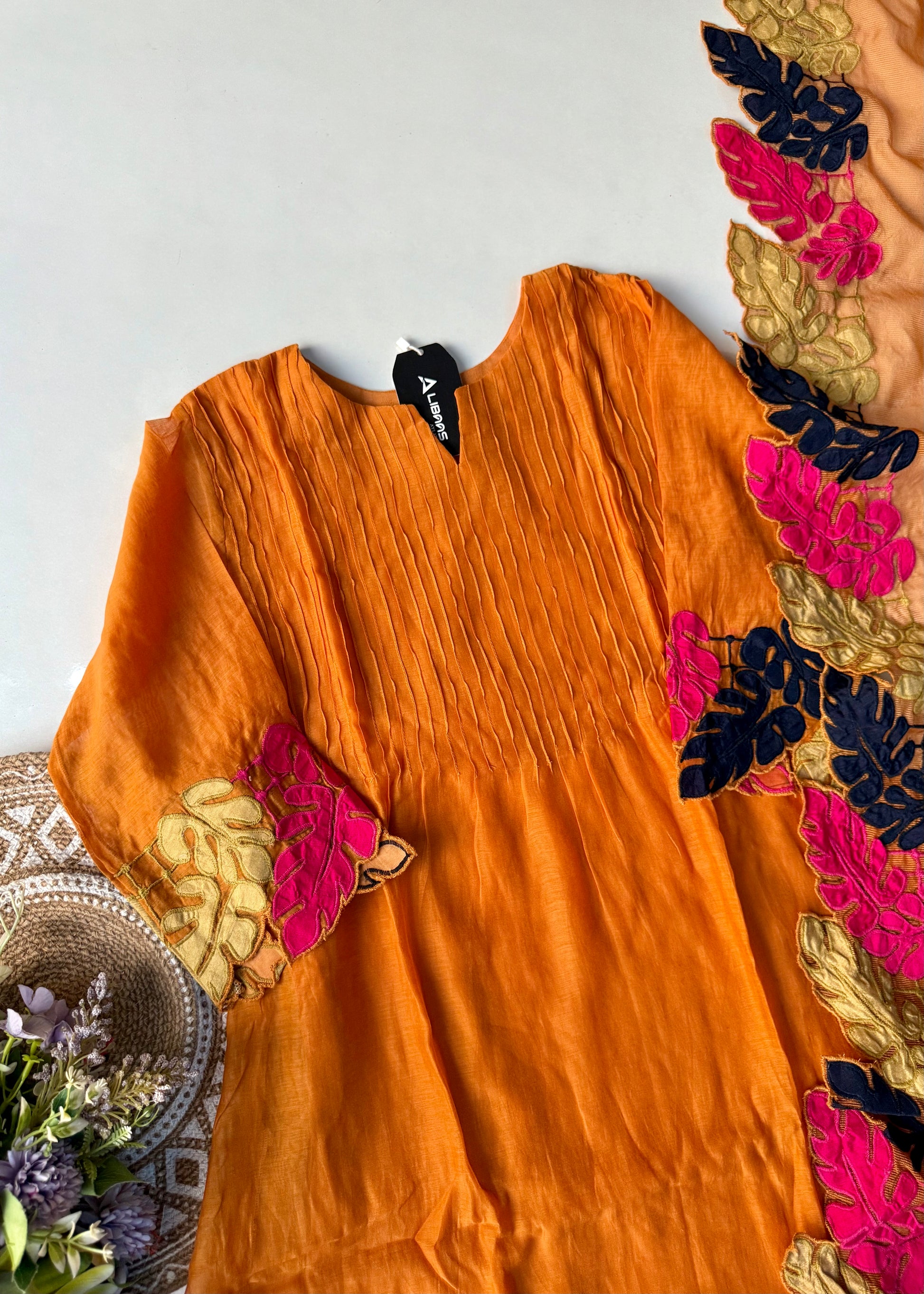 “Kashish” Golden Mustard Mul Chanderi Multicolor Leaf Applique A Line Suit 🛍️