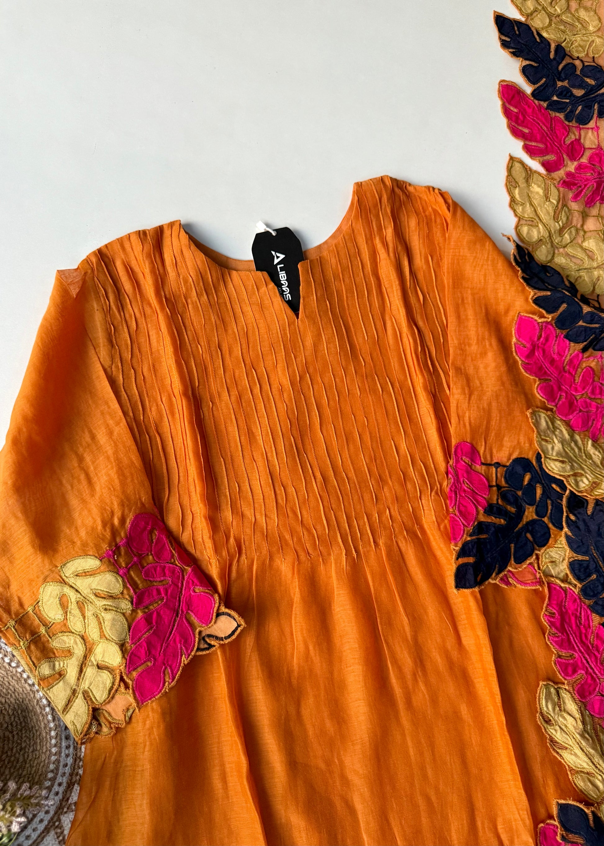 “Kashish” Golden Mustard Mul Chanderi Multicolor Leaf Applique A Line Suit 🛍️