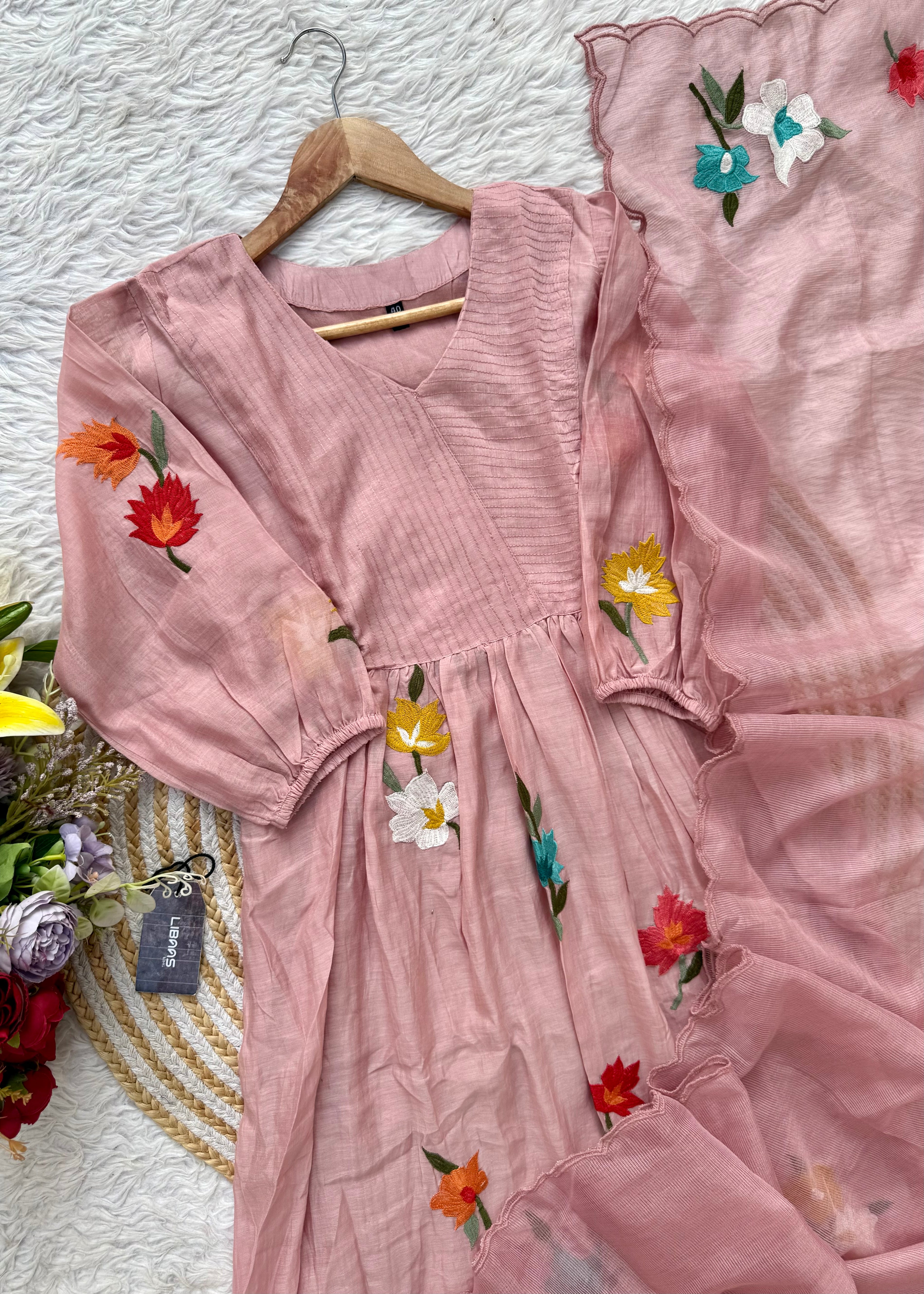 “IFRA” Dusty rose Mul Chanderi party wear anarkali kurta set