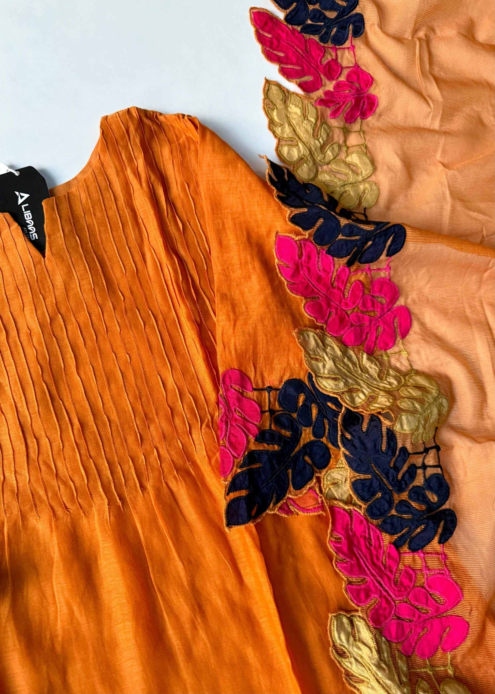 “Kashish” Golden Mustard Mul Chanderi Multicolor Leaf Applique A Line Suit 🛍️