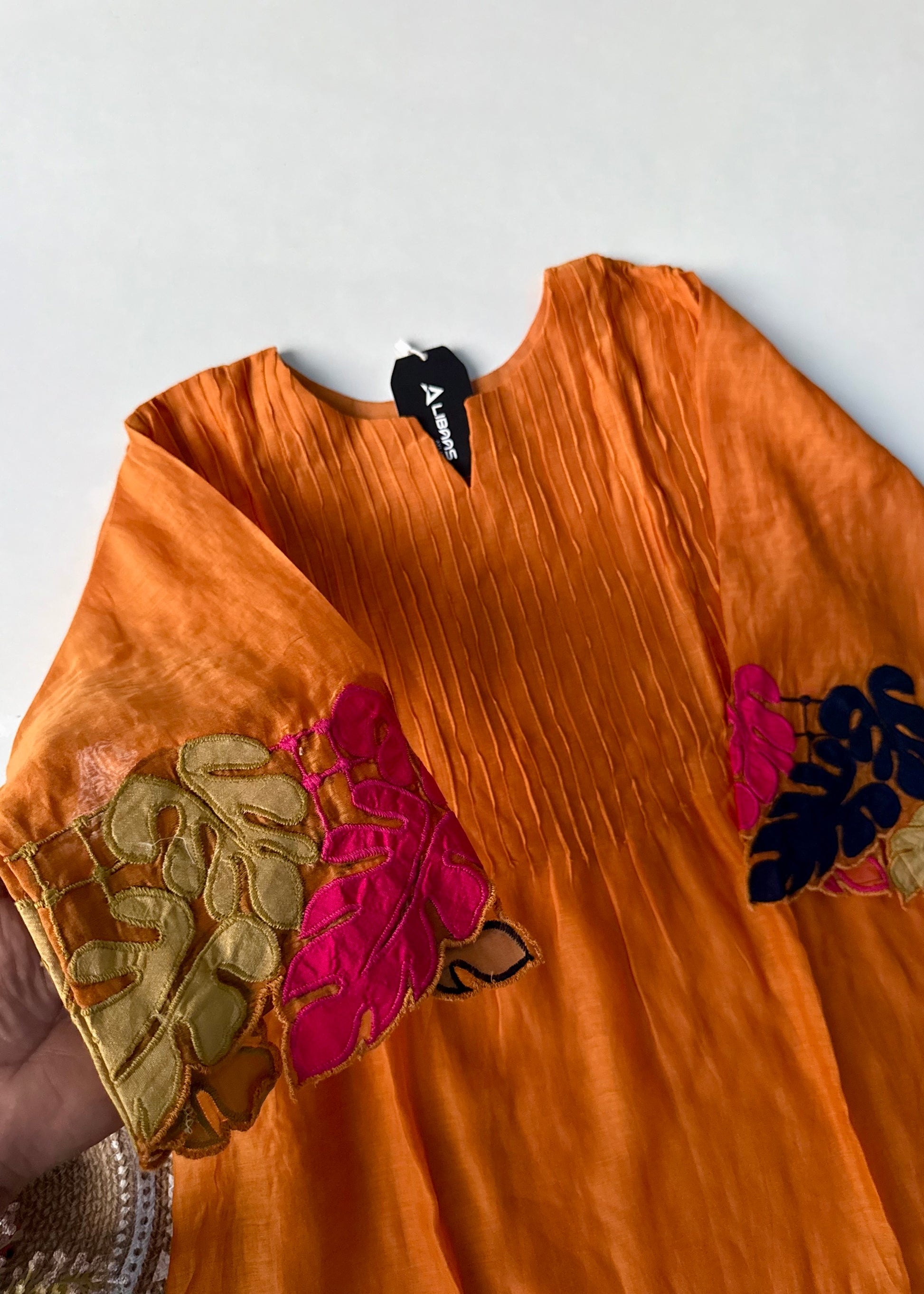 “Kashish” Golden Mustard Mul Chanderi Multicolor Leaf Applique A Line Suit 🛍️