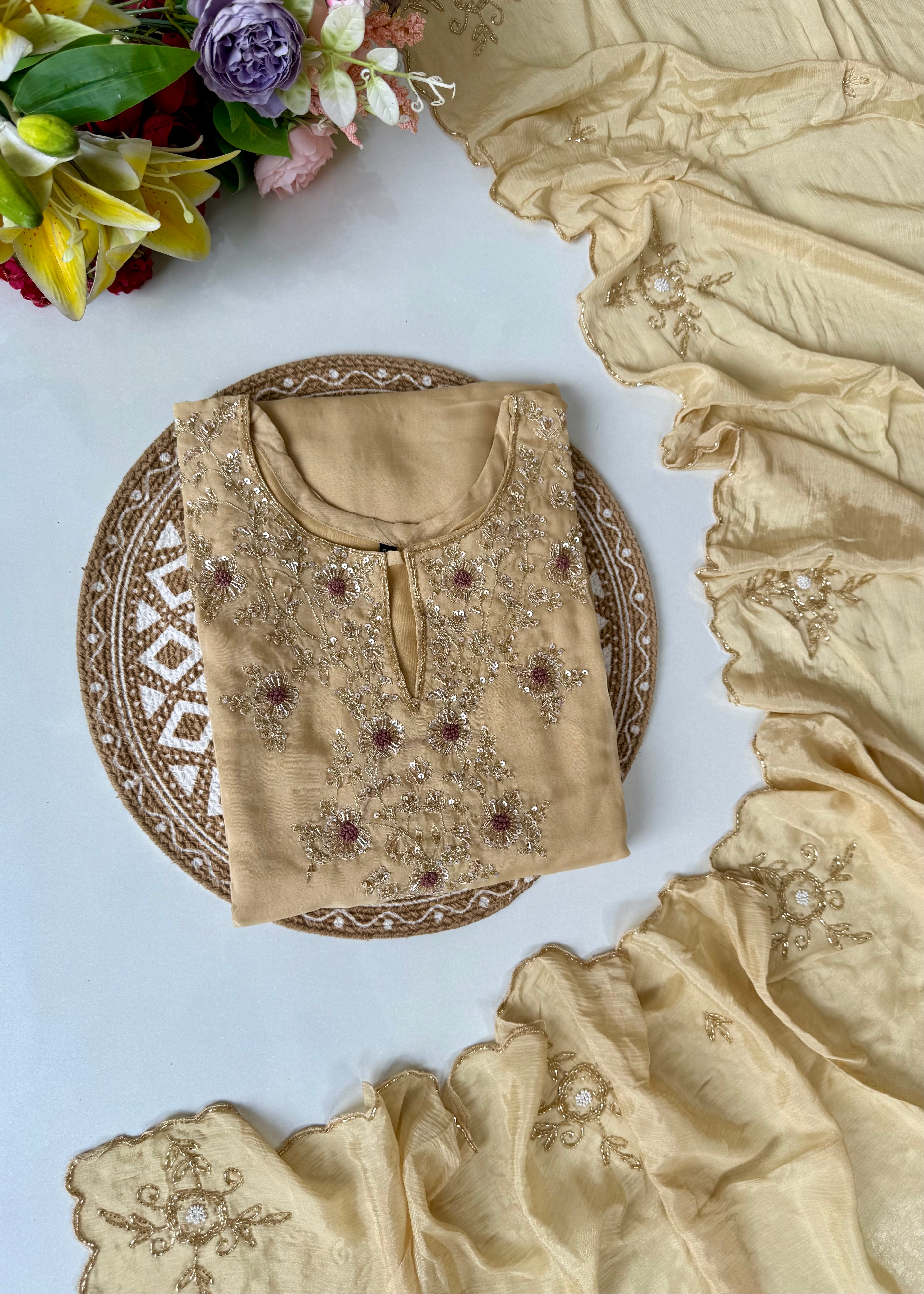 "Palermo” Beige Biscuit viscose organza kurti bottom dupatta set 🛍️