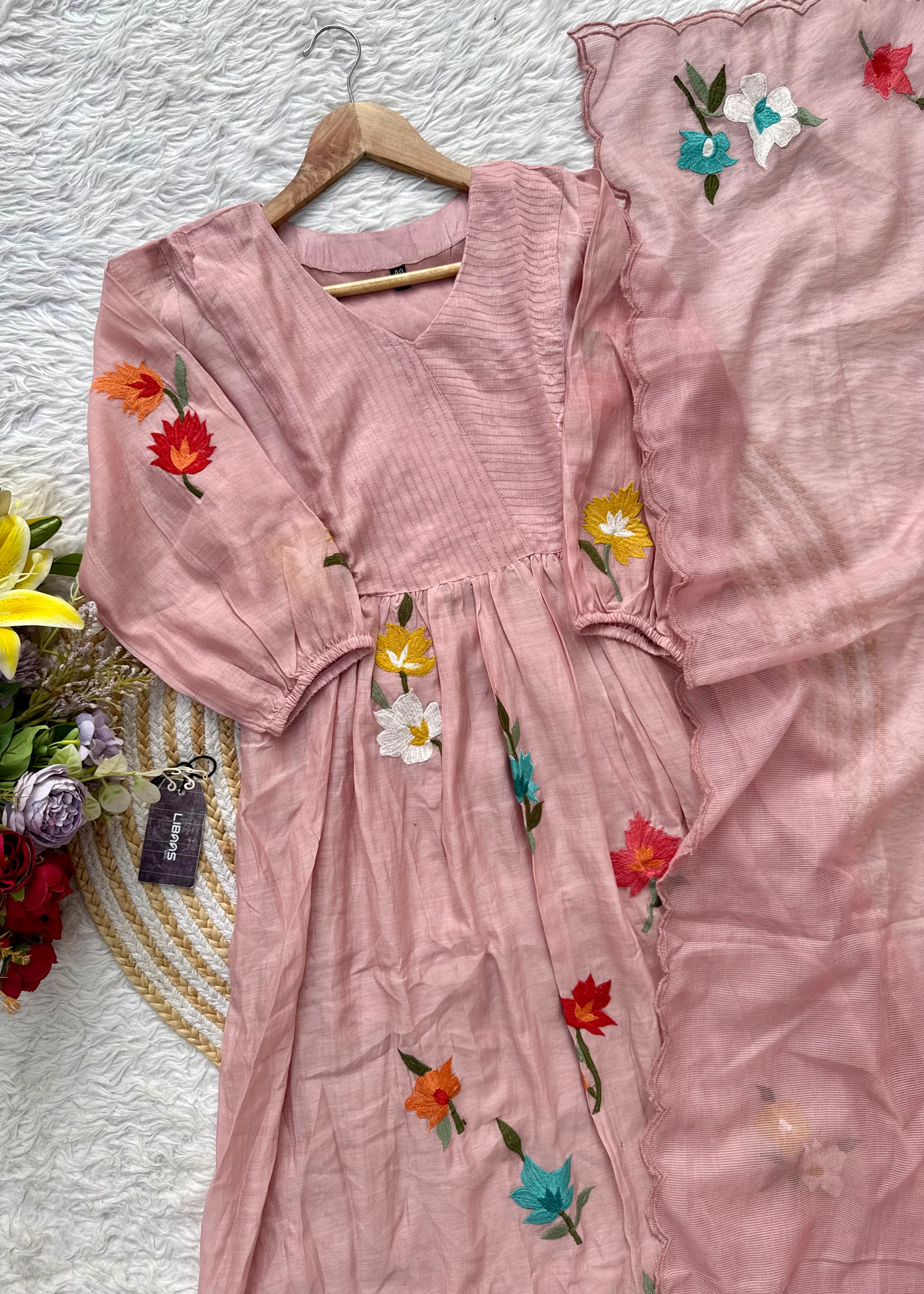 “IFRA” Dusty rose Mul Chanderi party wear anarkali kurta set