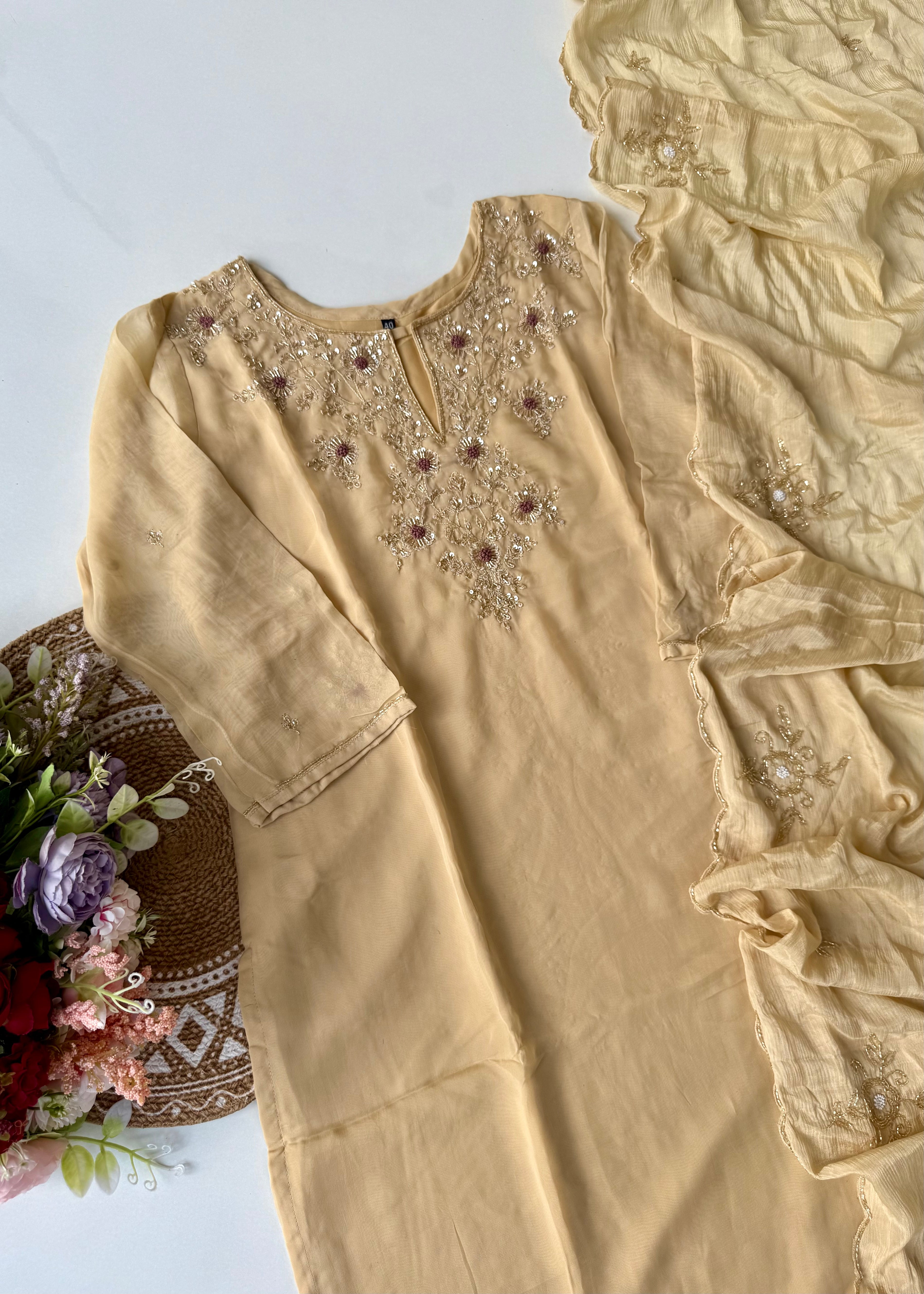 "Palermo” Beige Biscuit viscose organza kurti bottom dupatta set 🛍️