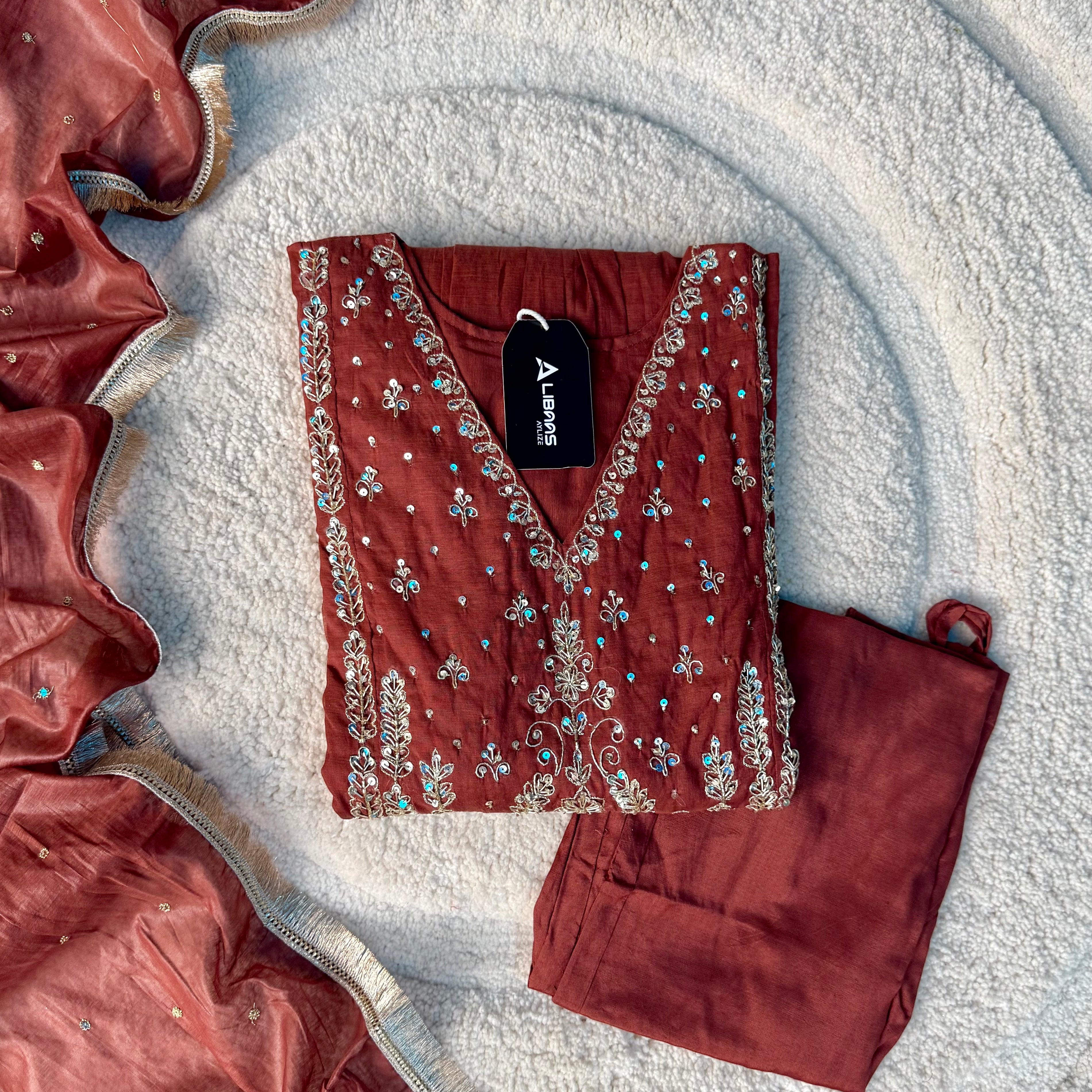 “Anya” Rust Brown Mul Chanderi anarkali kurta set