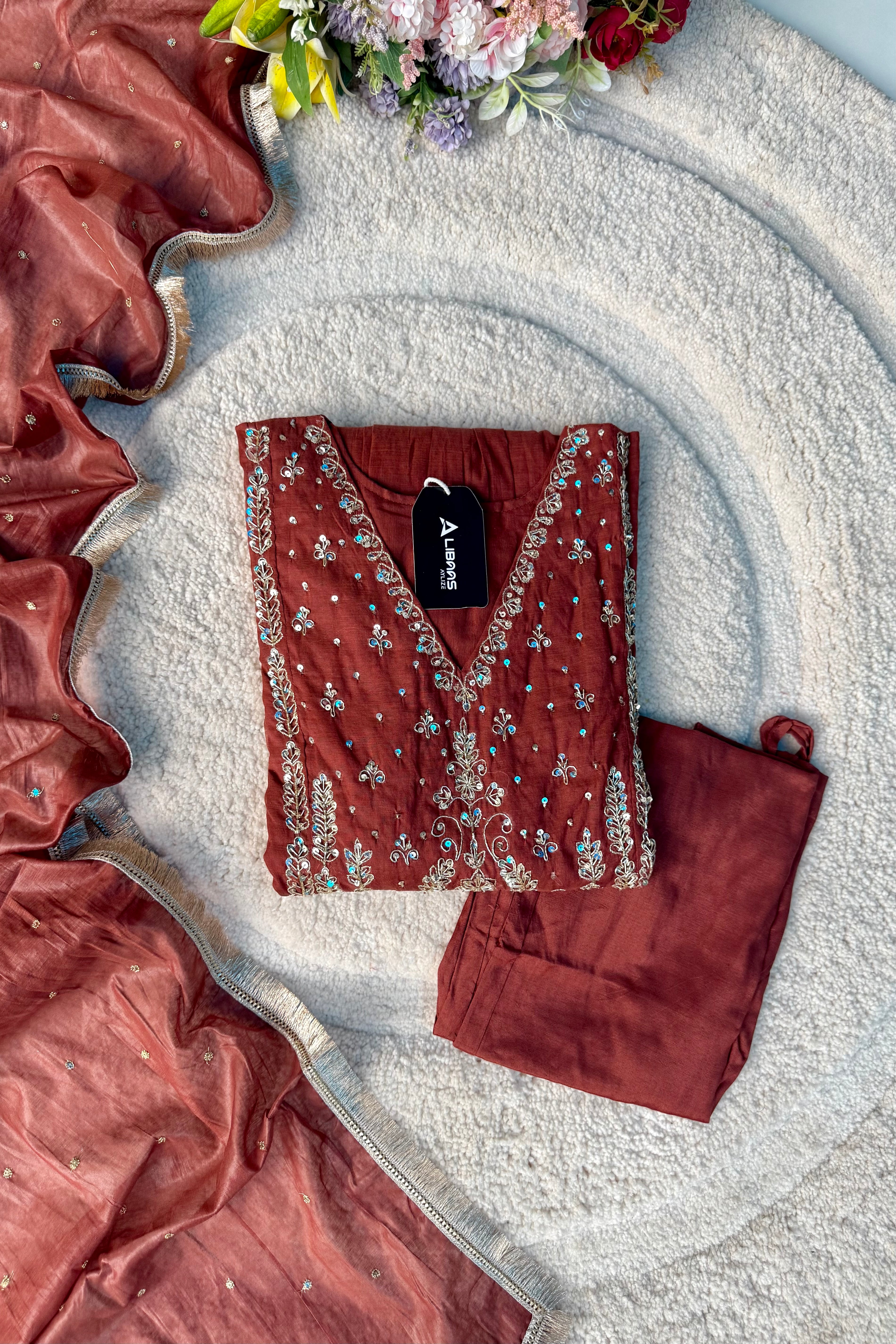 “Anya” Rust Brown Mul Chanderi anarkali kurta set