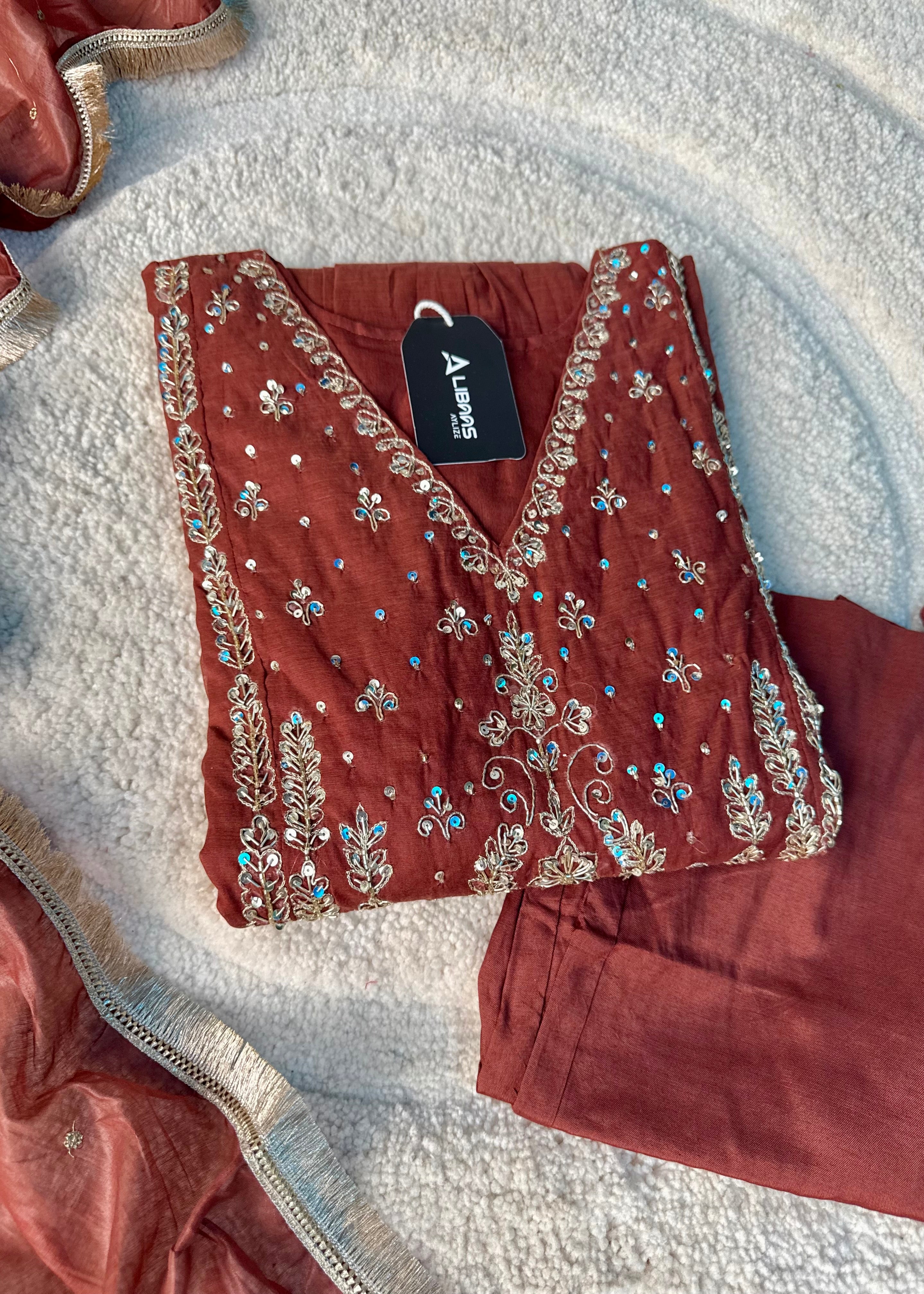 “Anya” Rust Brown Mul Chanderi anarkali kurta set