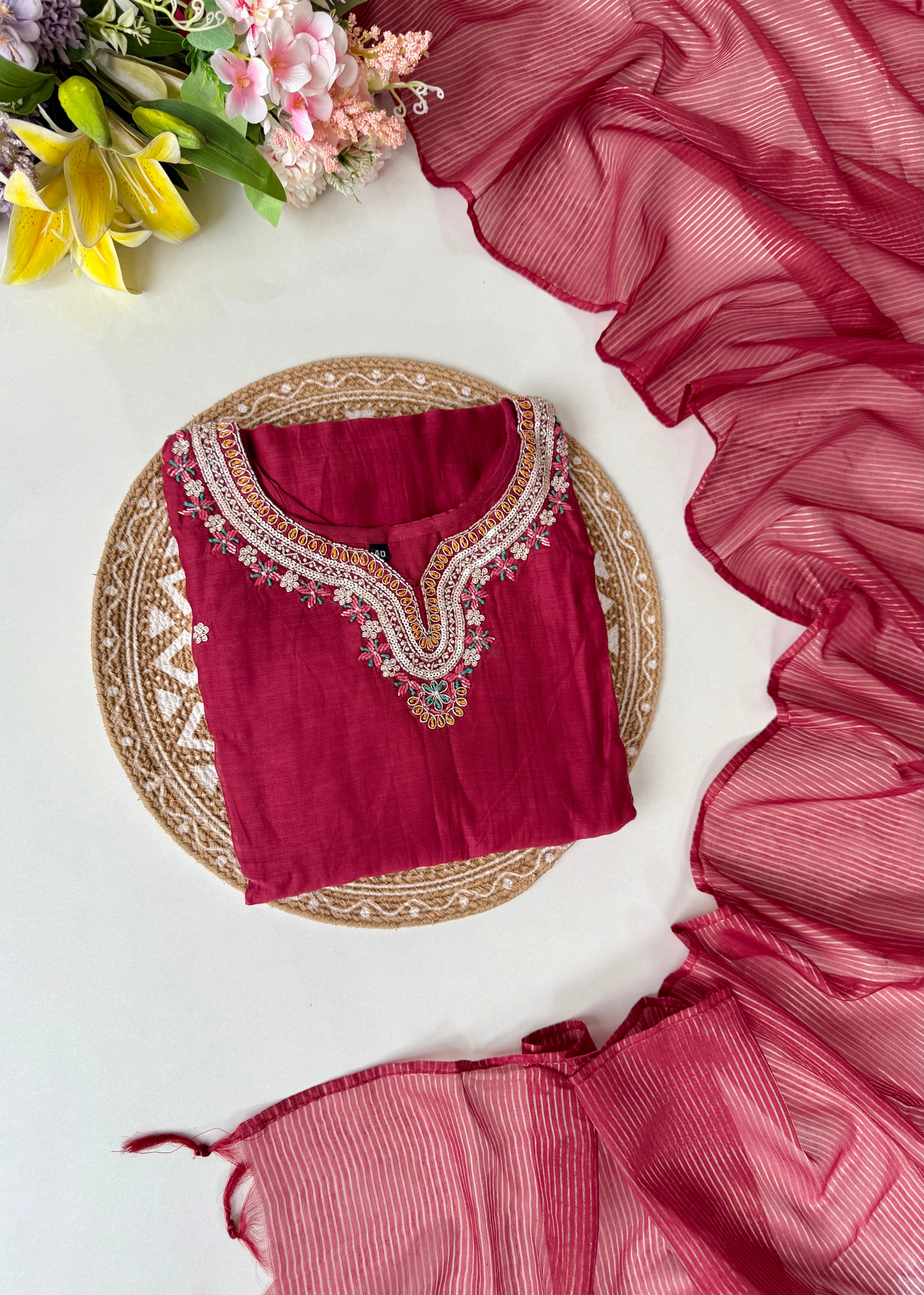 “Bindiya” Deep Rose Mul Chanderi handwork kurta set