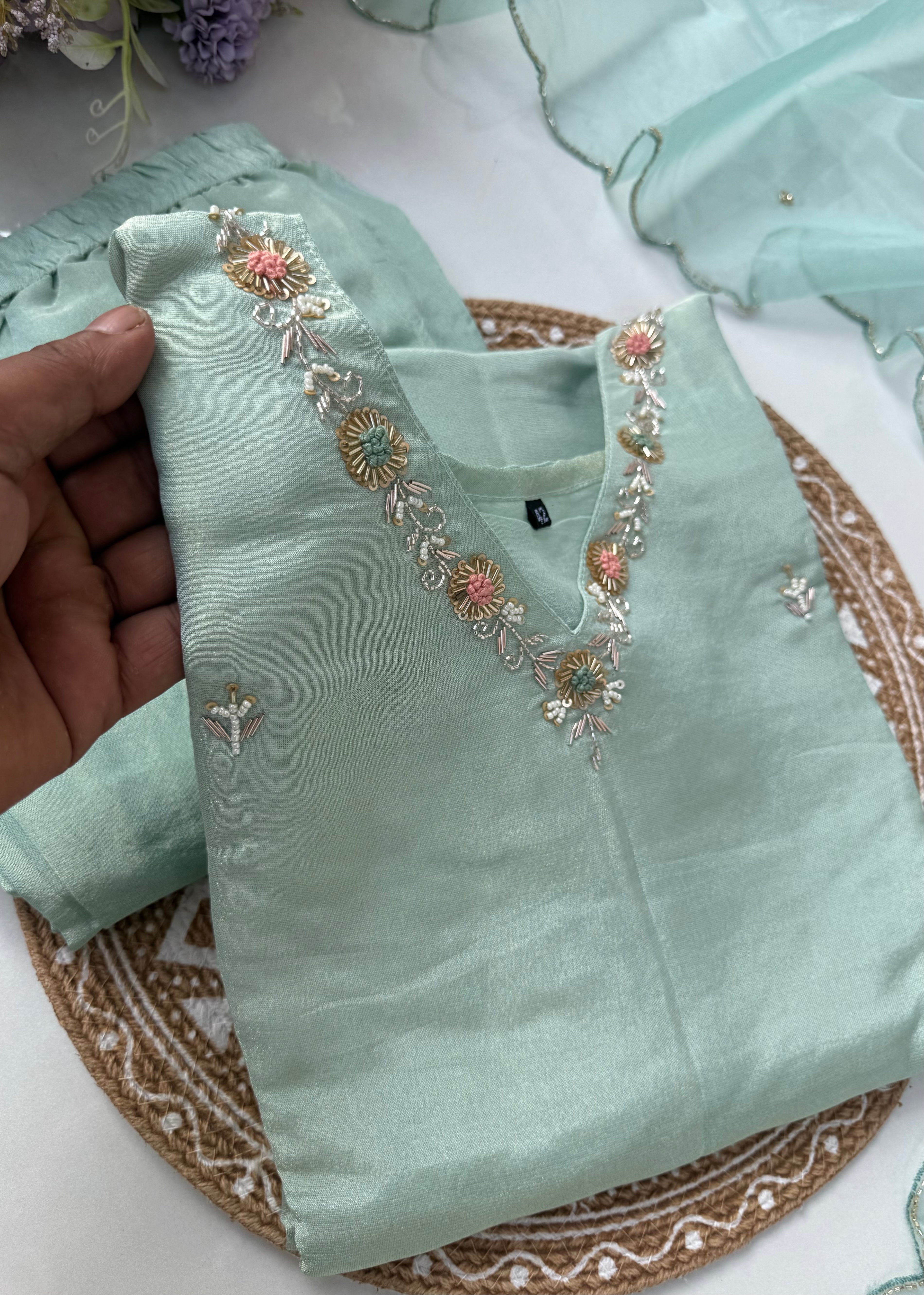 “Saumya” Tissue silk handcrafted kurti bottom dupatta set 🛍️