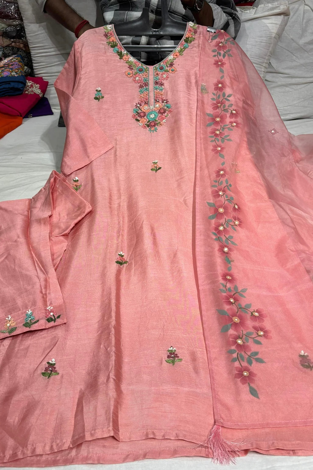 “Laya” Dola Silk Embroidered Suit Set with Printed Organza Dupatta