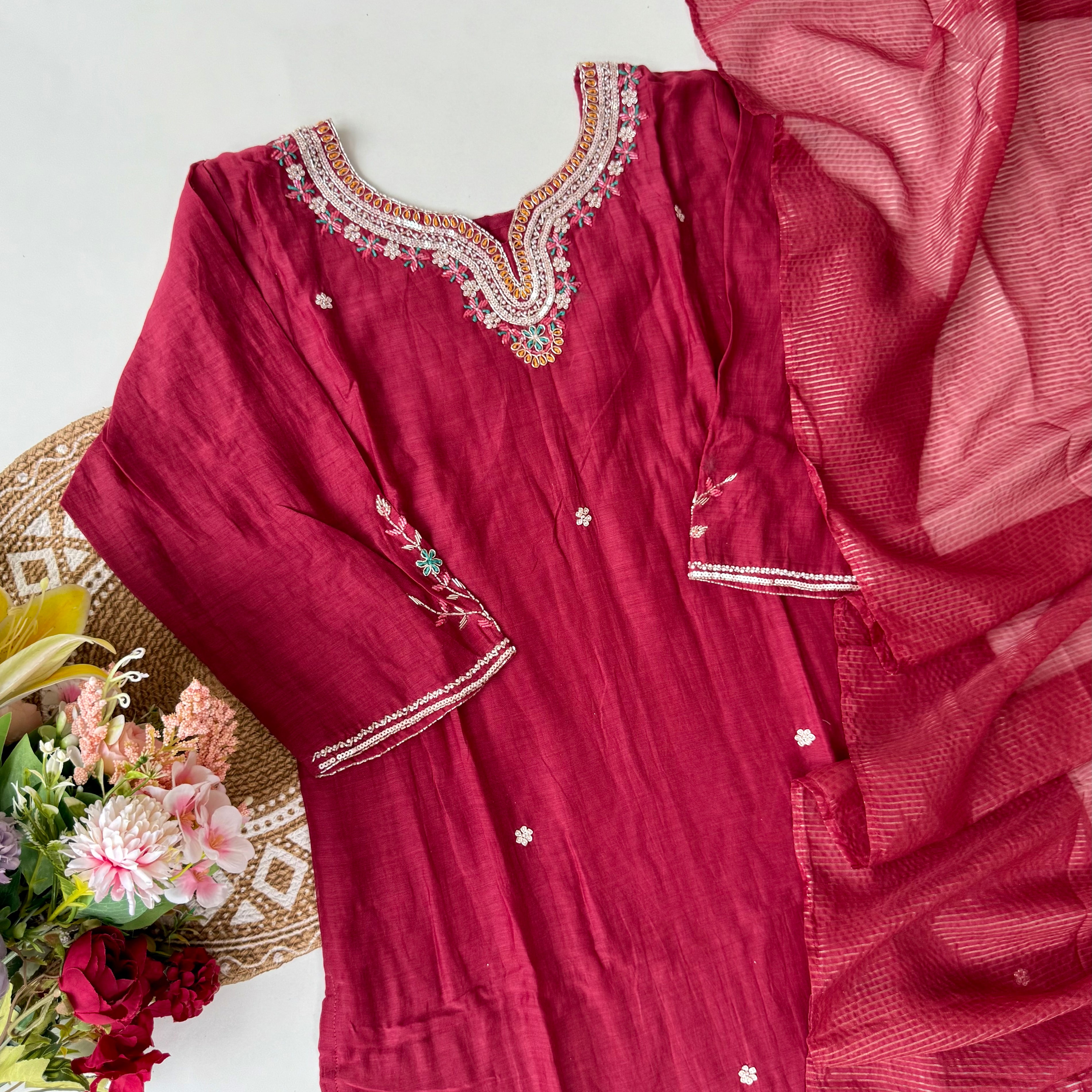 “Bindiya” Deep Rose Mul Chanderi handwork kurta set