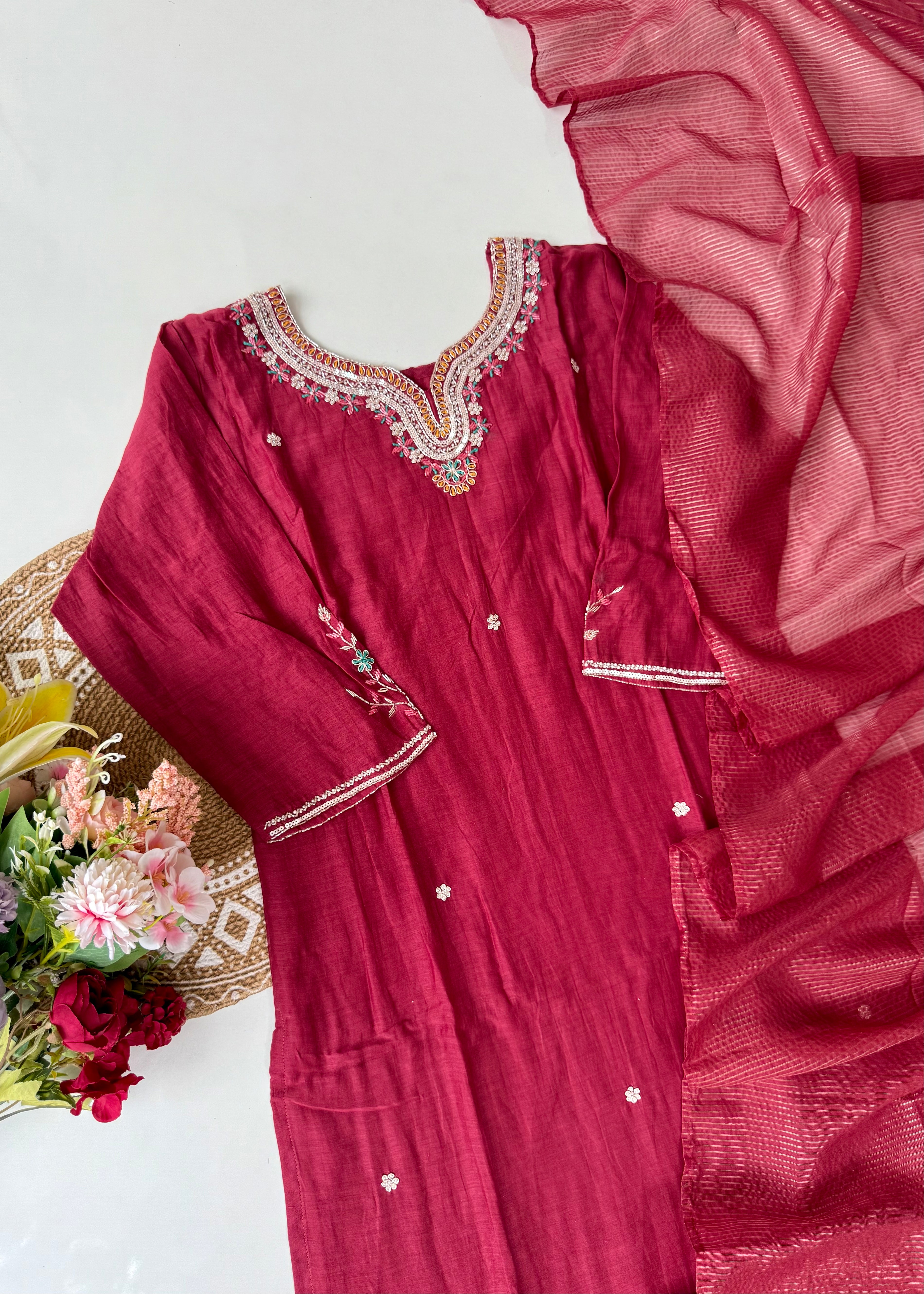 “Bindiya” Deep Rose Mul Chanderi handwork kurta set
