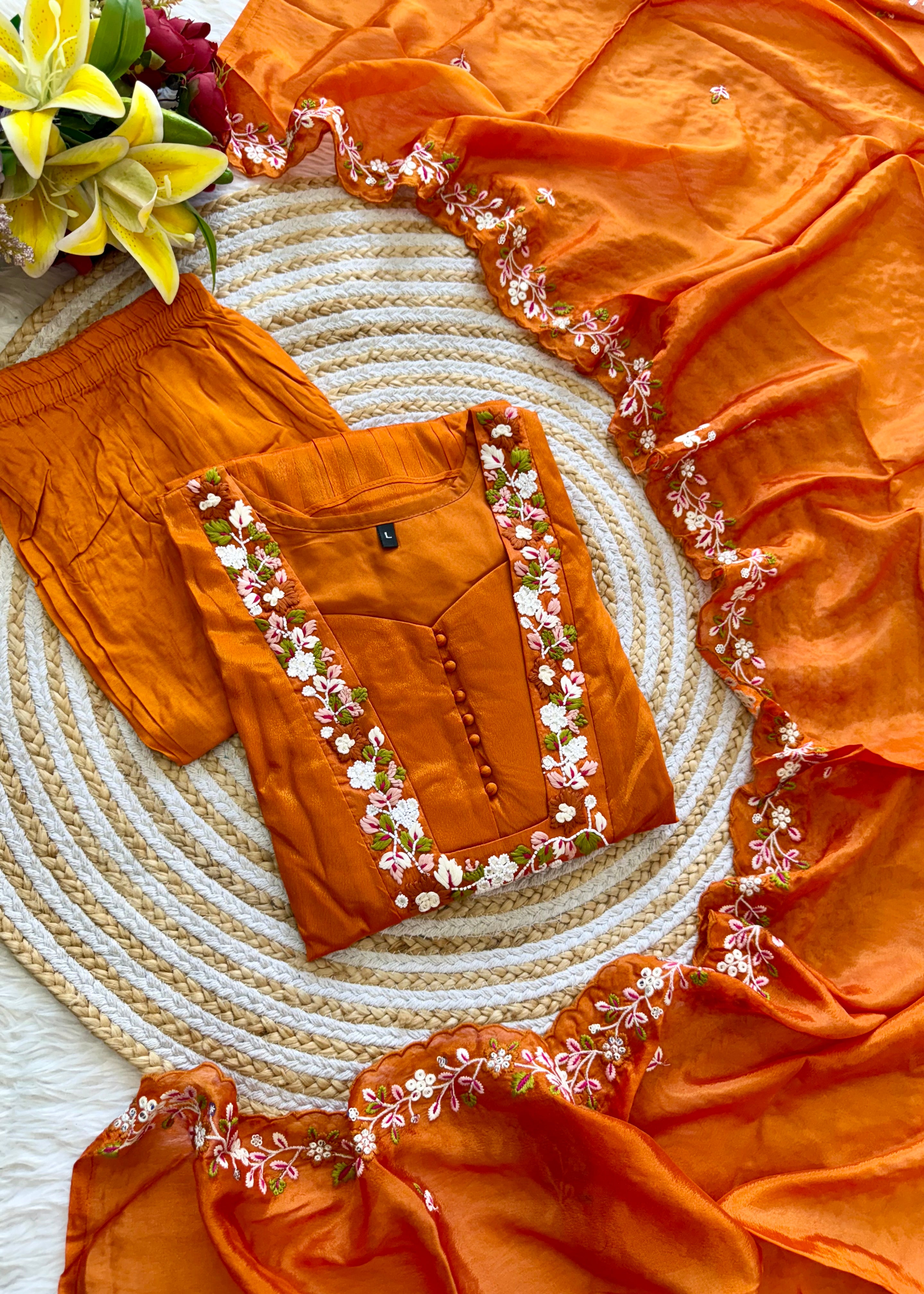 “SHIZA” Orange Tissue silk anarkali suit set