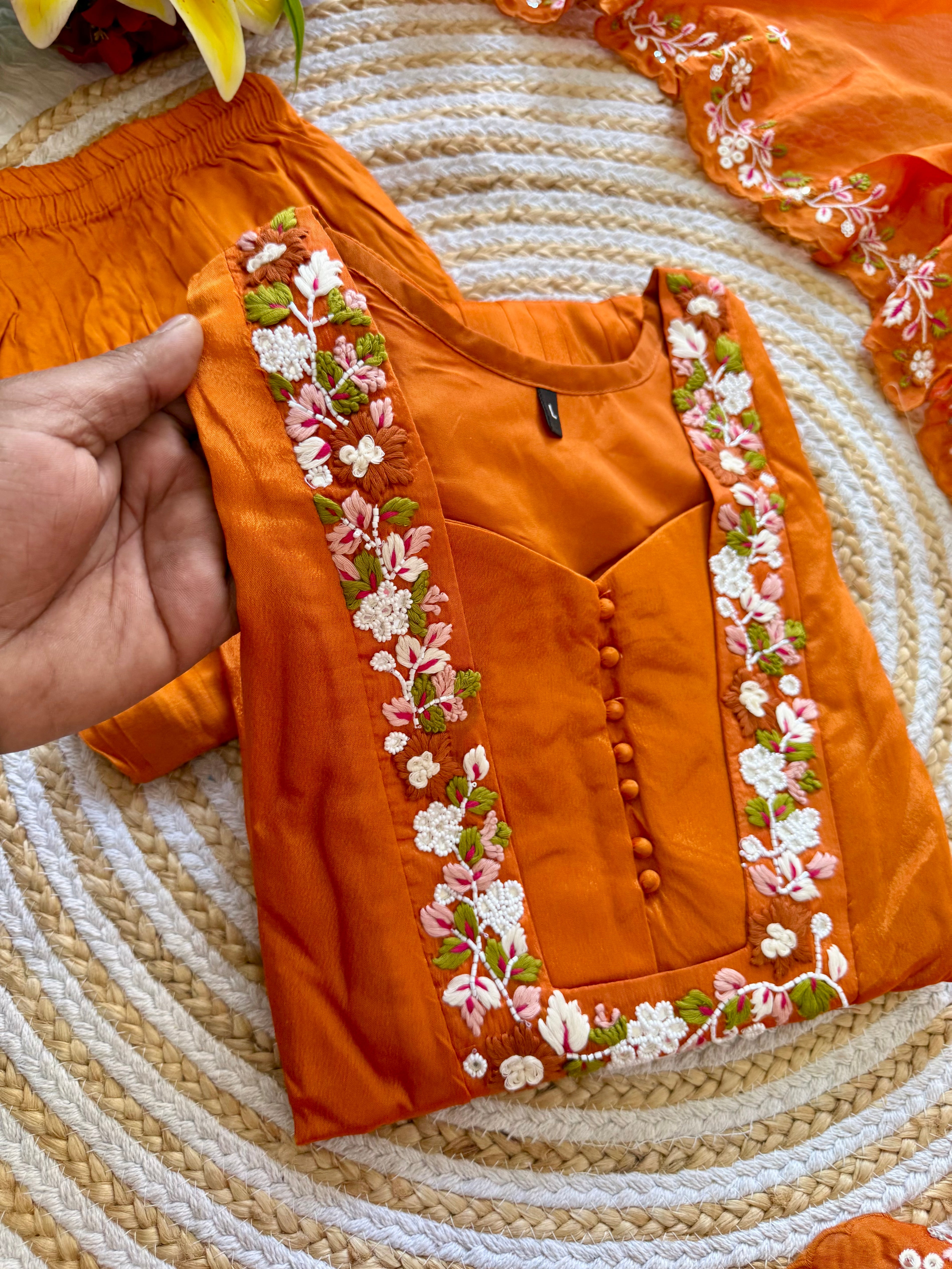 “SHIZA” Orange Tissue silk anarkali suit set