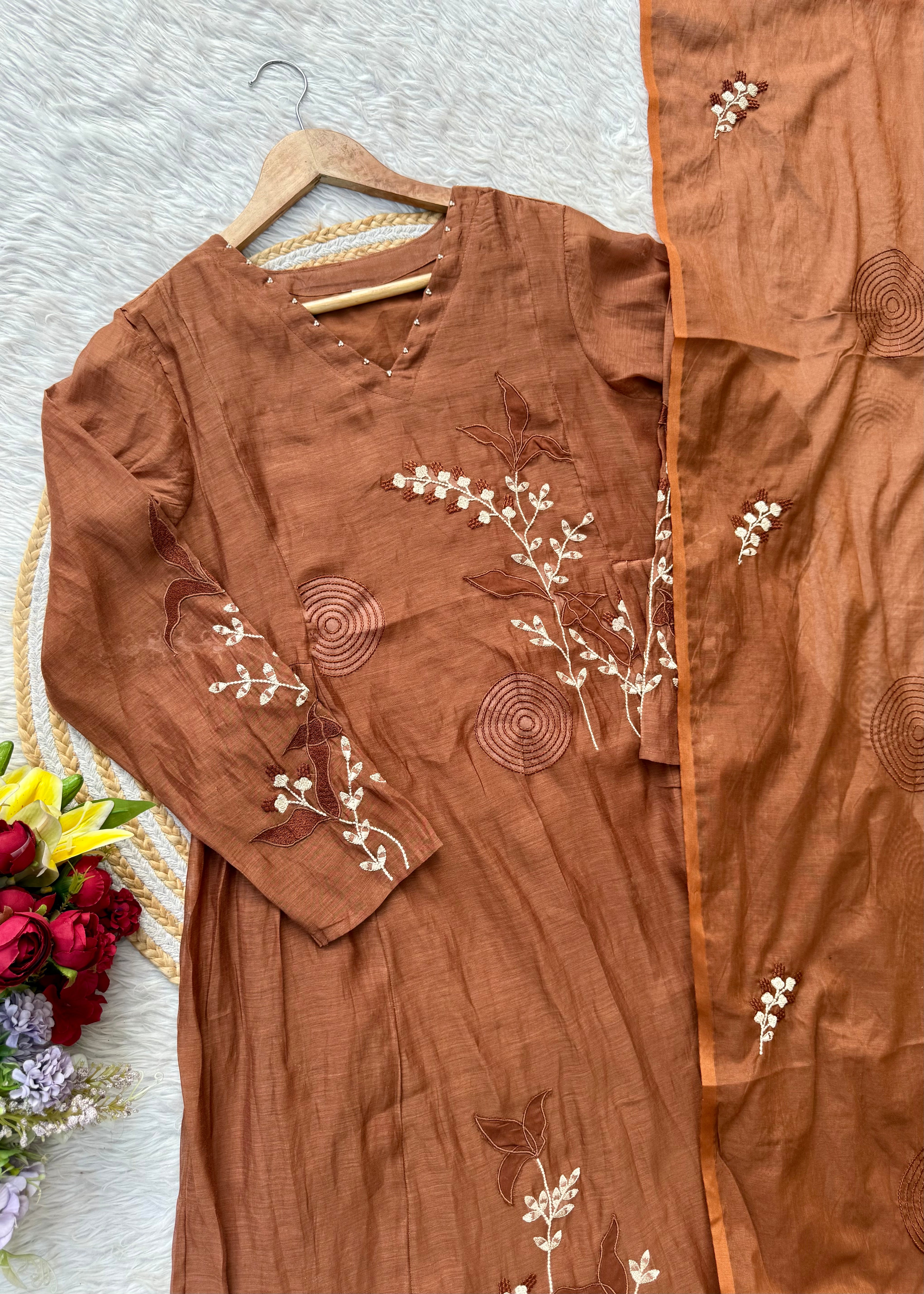 “SIZUMI” Rust Orange Mul Chanderi party wear anarkali suit set