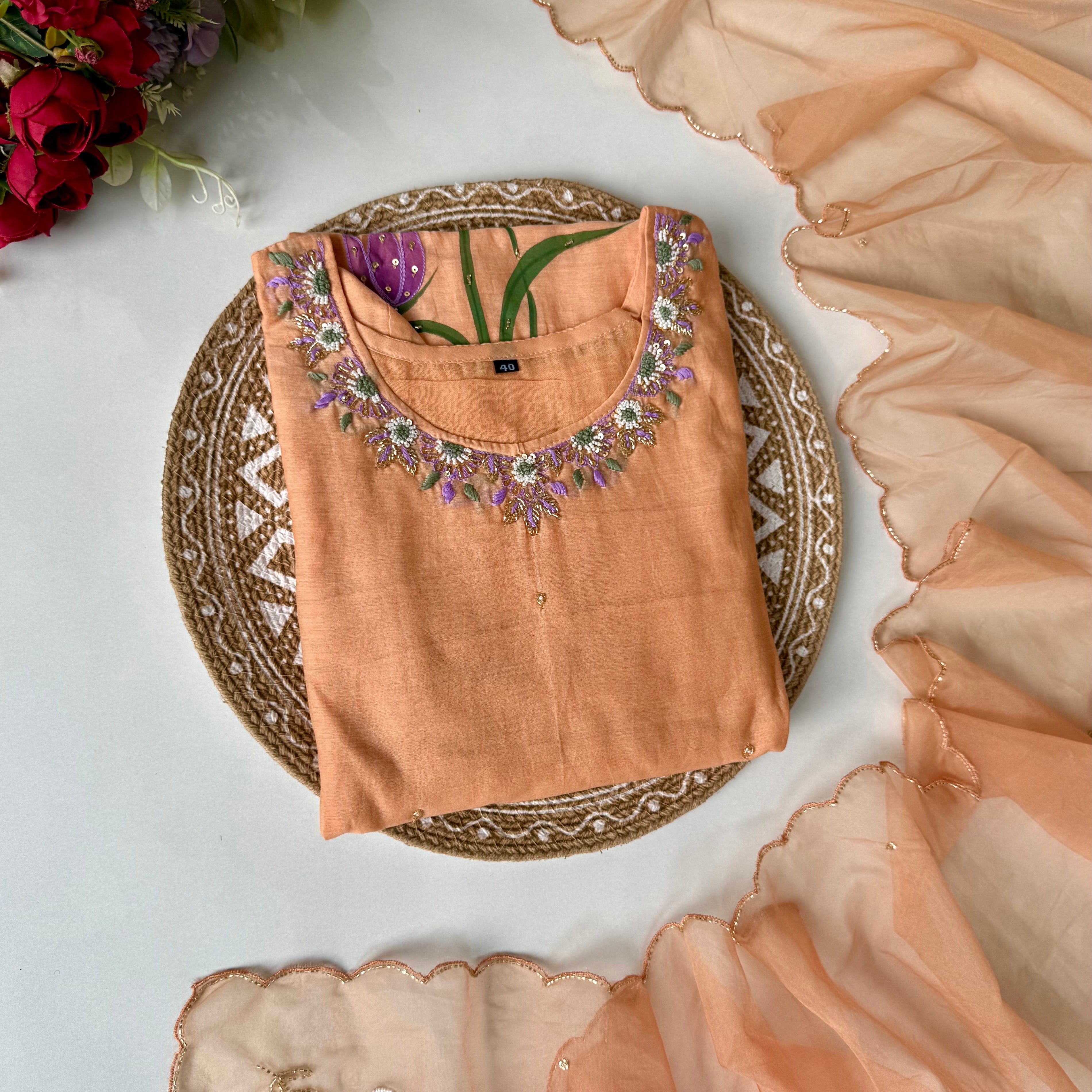 “Aavya” Premium Mul Chanderi handwork kurta set