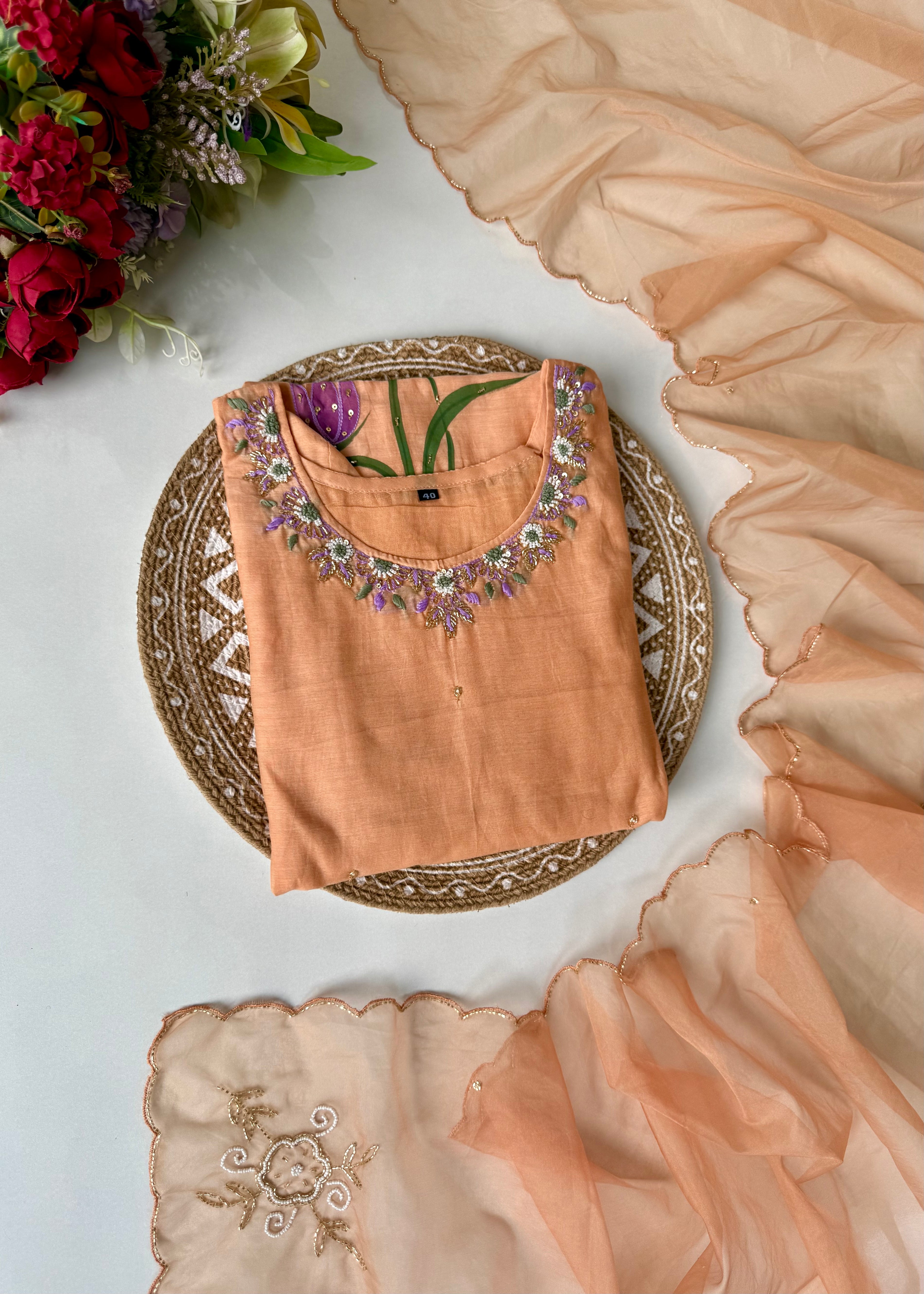 “Aavya” Premium Mul Chanderi handwork kurta set