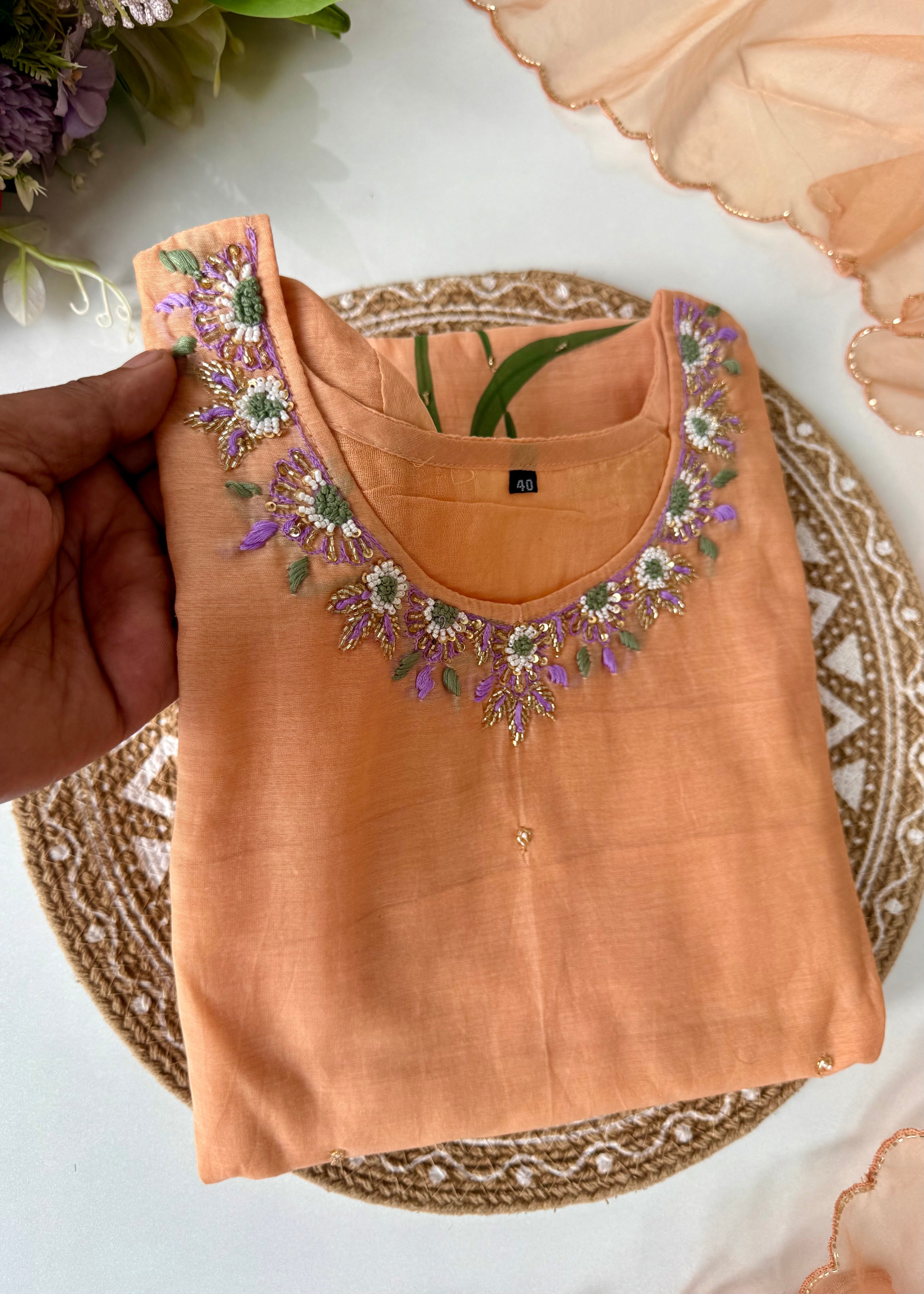 “Aavya” Premium Mul Chanderi handwork kurta set