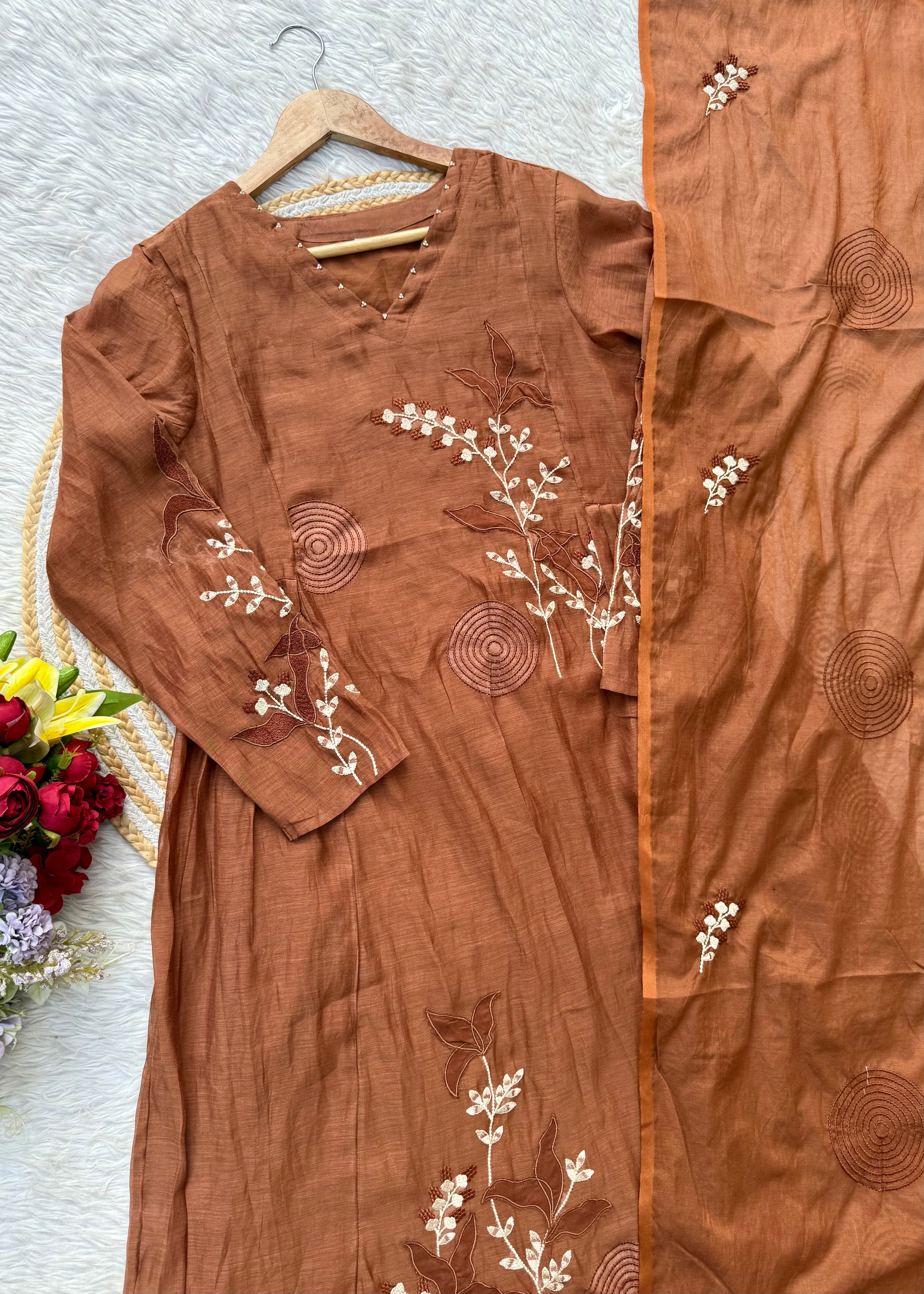 “SIZUMI” Rust Orange Mul Chanderi party wear anarkali suit set