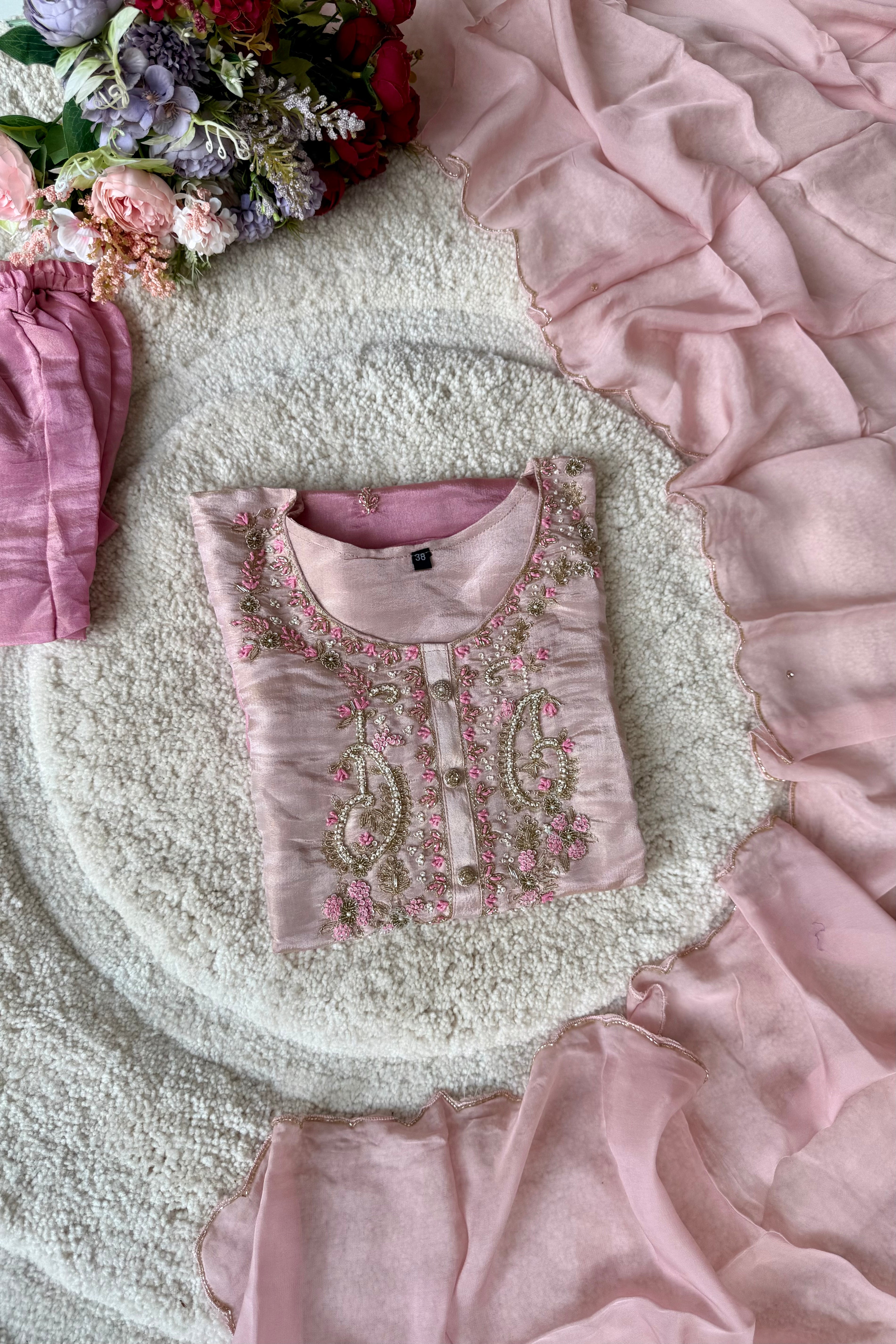 “Aashvi” Ombre Tissue Silk Handwork Suit Set