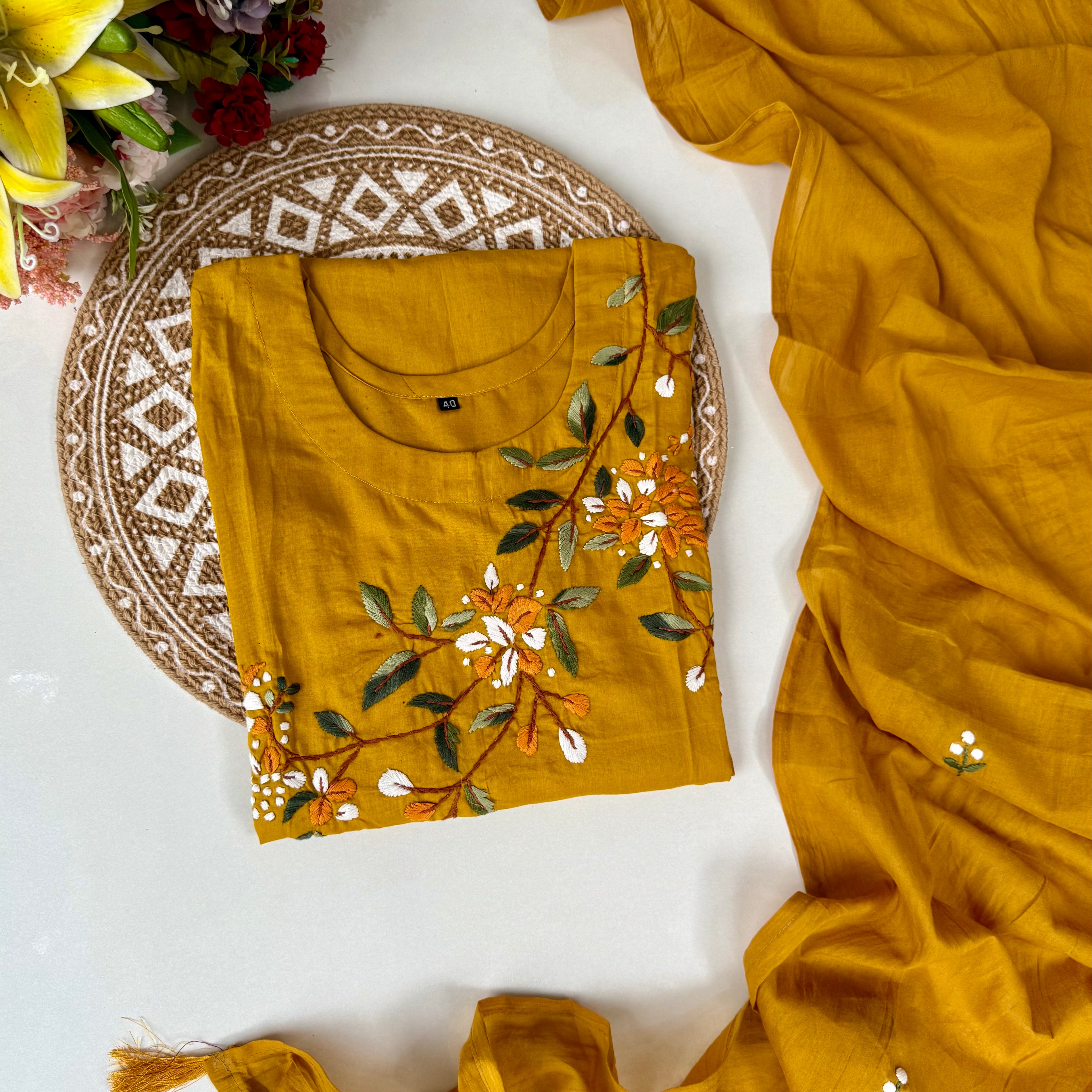 “Avnika” Premium cotton thread work kurta set