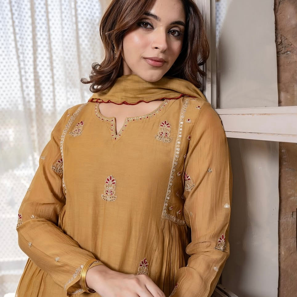 “FARA” Beautiful premium Mul Chanderi anarkali suit set