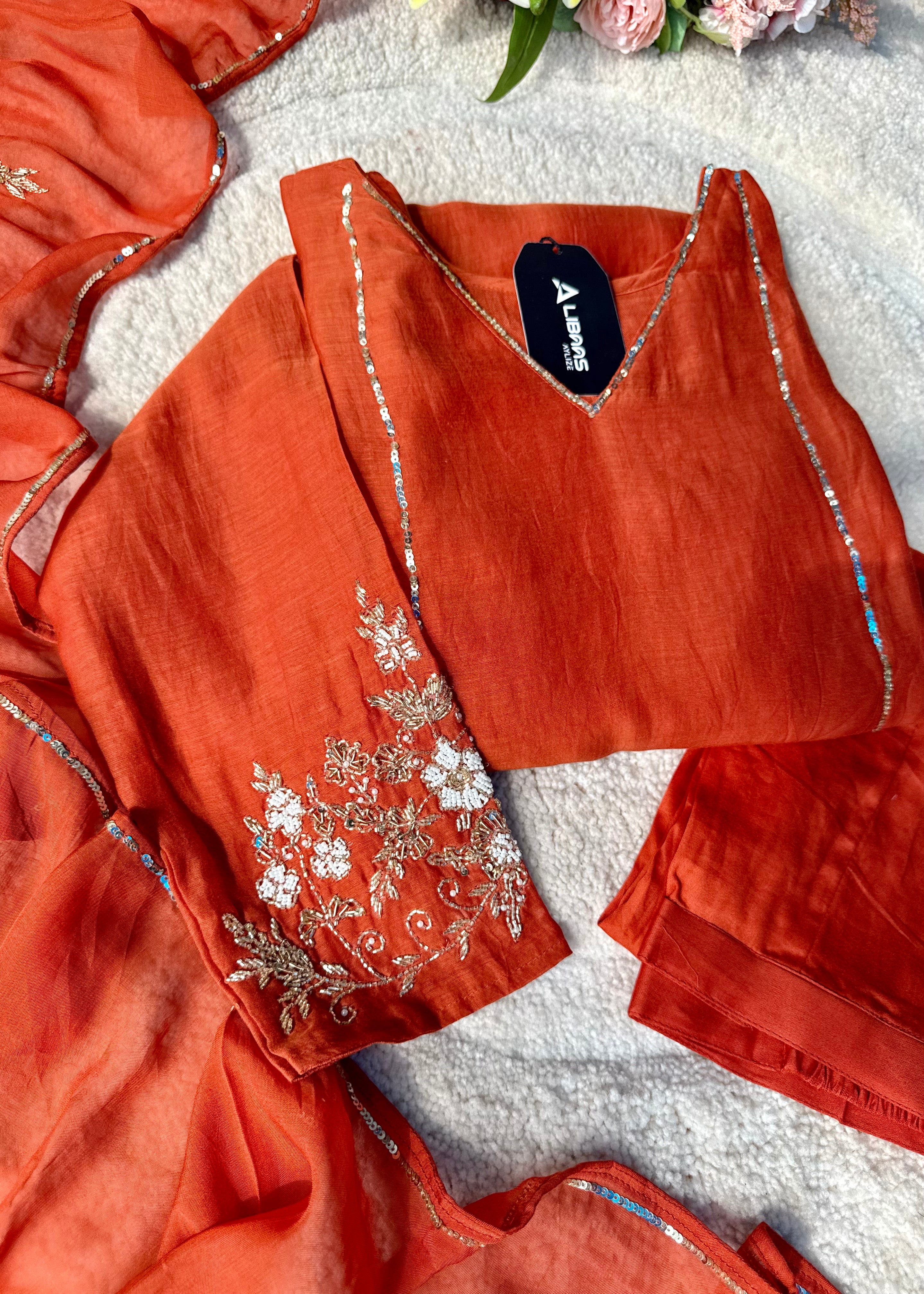 “Kanika” Orange Mul Chanderi A line Kurta Set