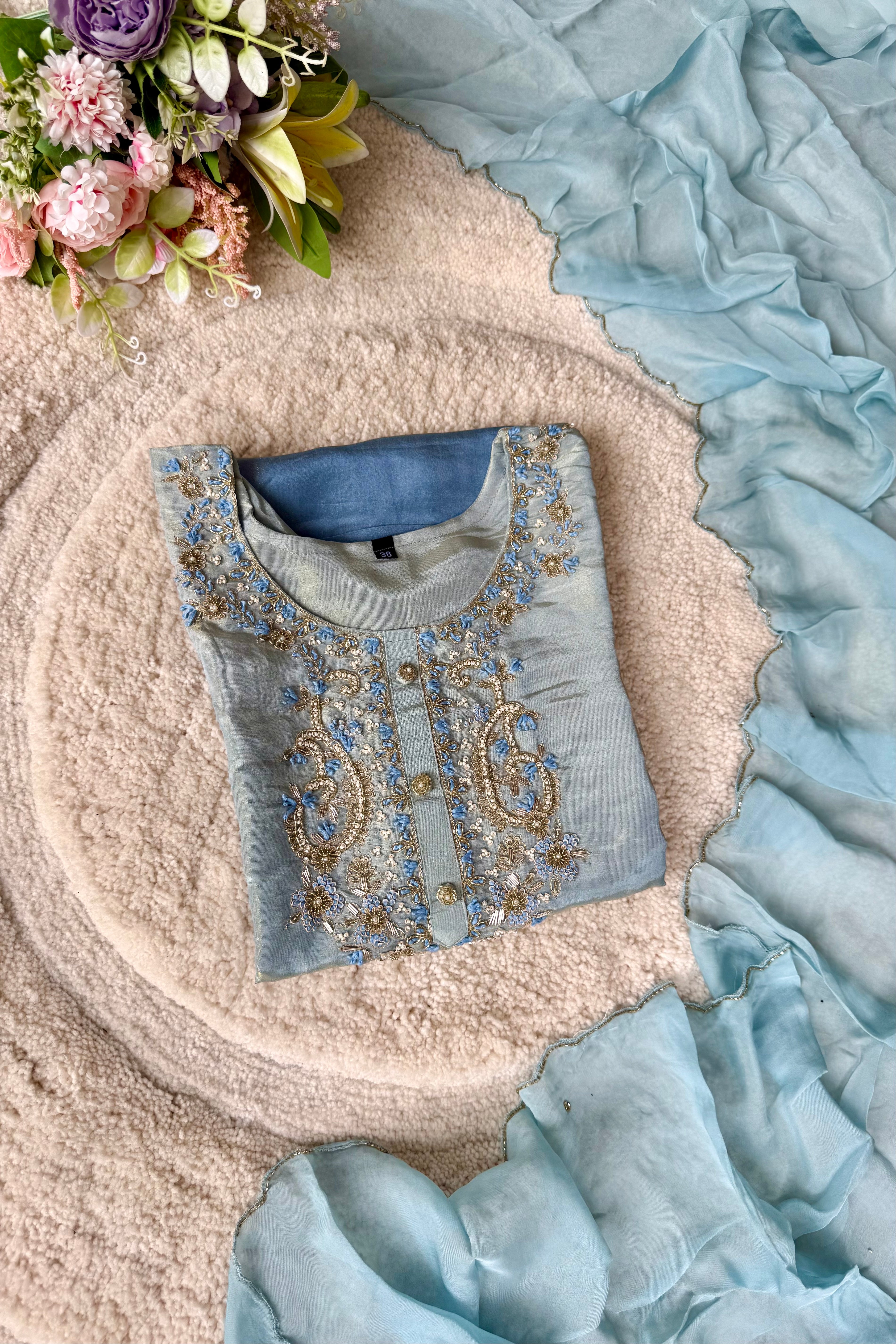 “Aashvi” Ombre Tissue Silk Handwork Suit Set