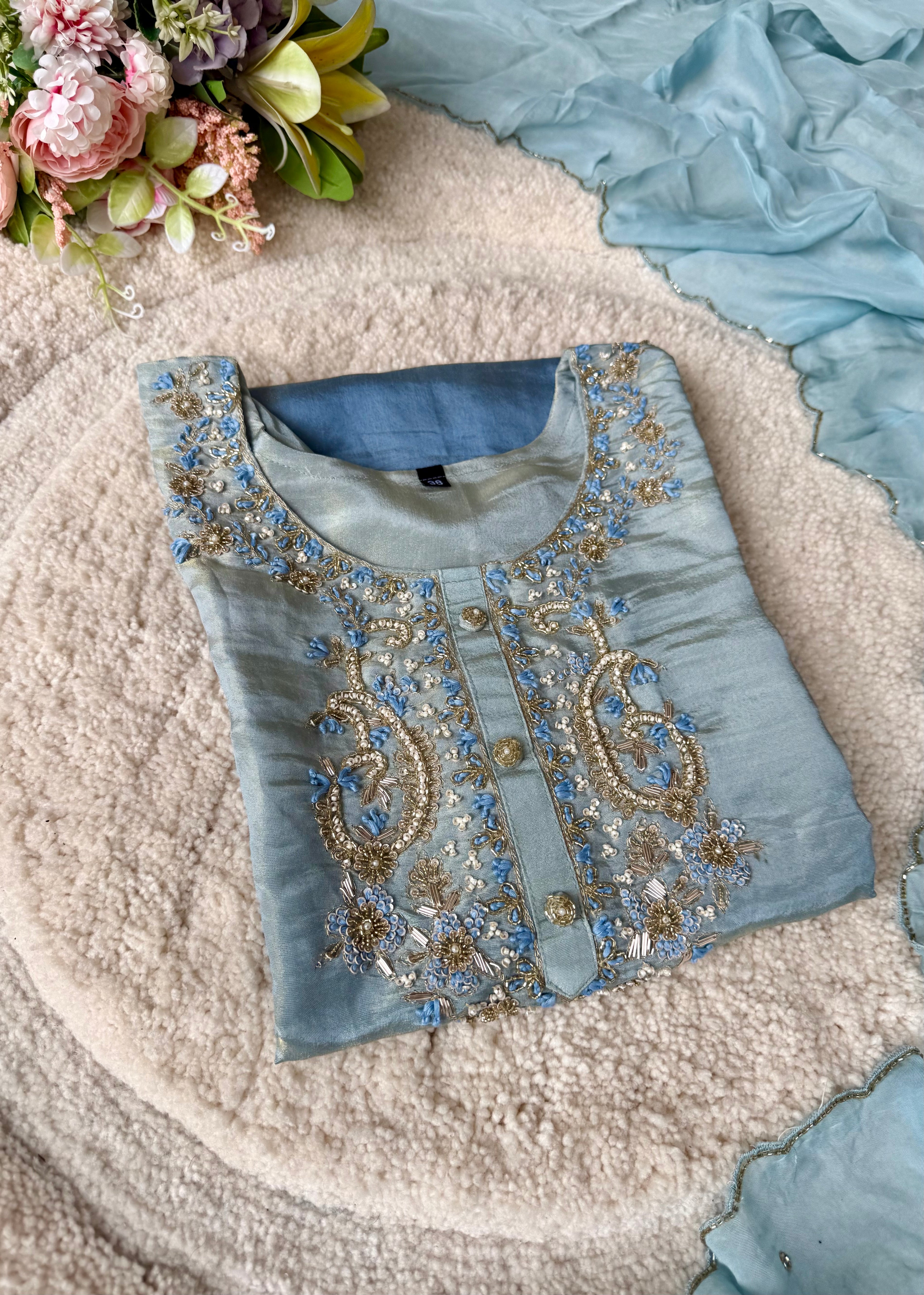 “Aashvi” Ombre Tissue Silk Handwork Suit Set