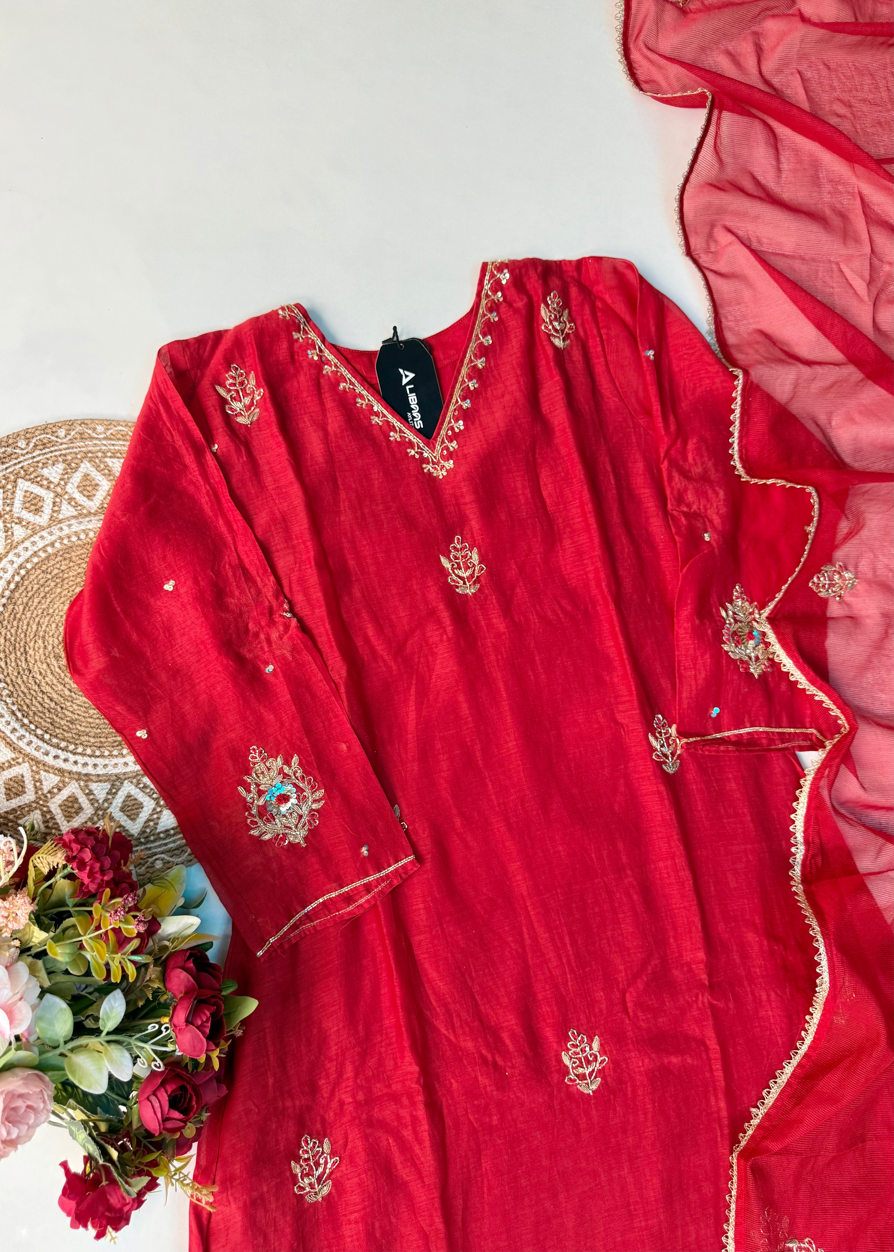 “Zeenat” Beautiful Red Mul Chanderi A line Anarkali Kurta Set