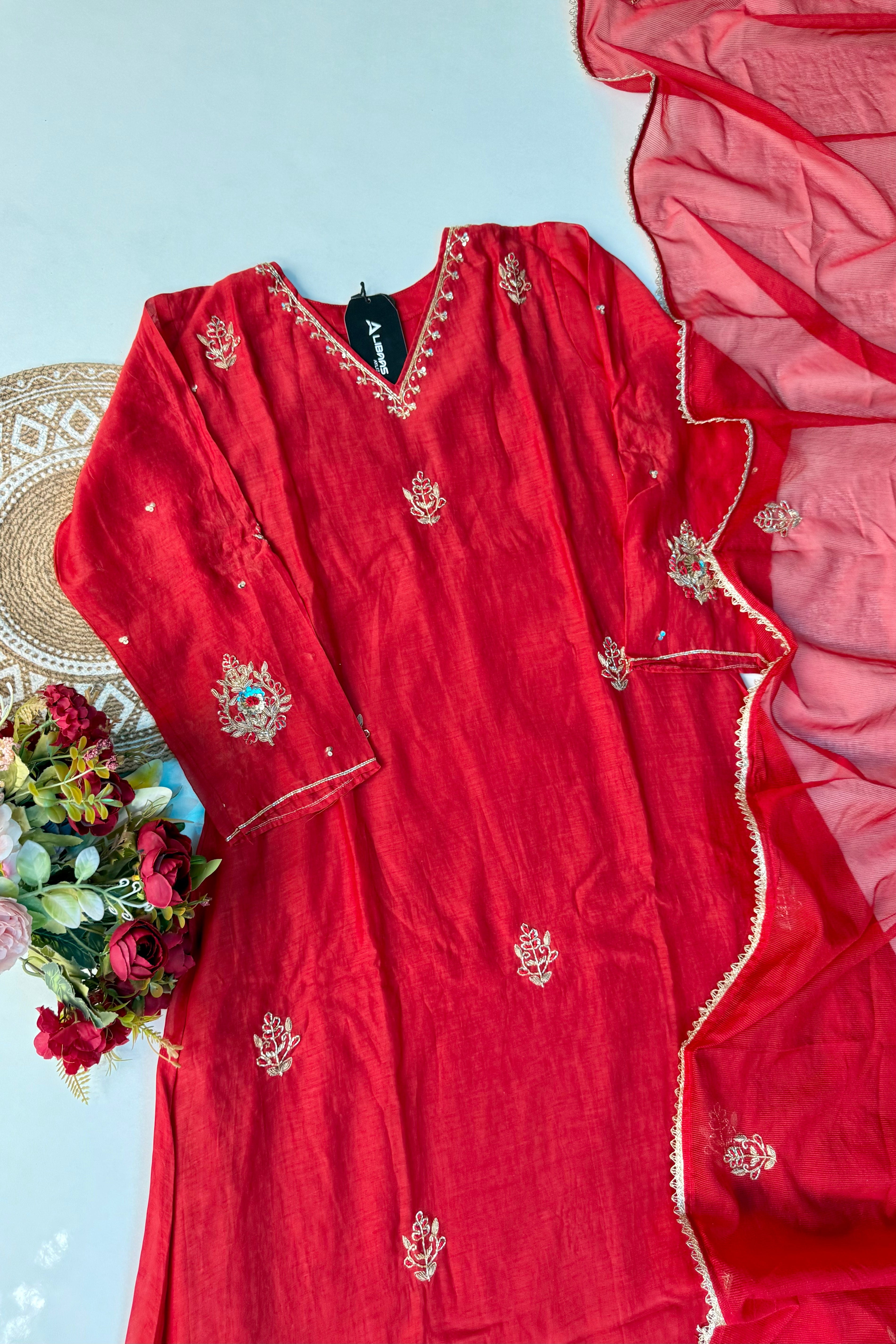 “Zeenat” Beautiful Red Mul Chanderi A line Anarkali Kurta Set